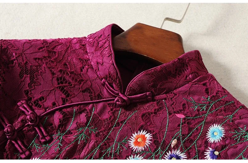 Purple Embroidered Lace Qipao Dress