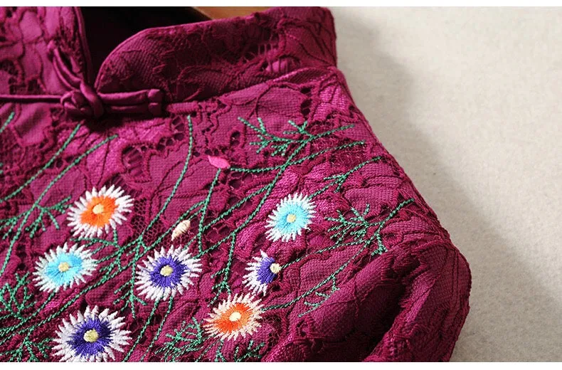 Purple Embroidered Lace Qipao Dress