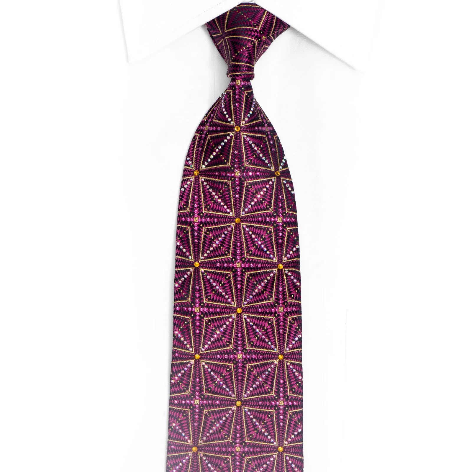 Purple Geometric On Navy Blue Rhinestone Silk Tie With Sparkles