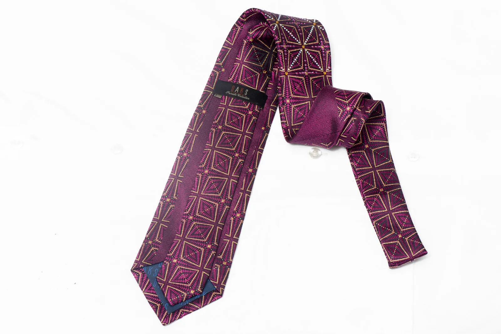 Purple Geometric On Navy Blue Rhinestone Silk Tie With Sparkles