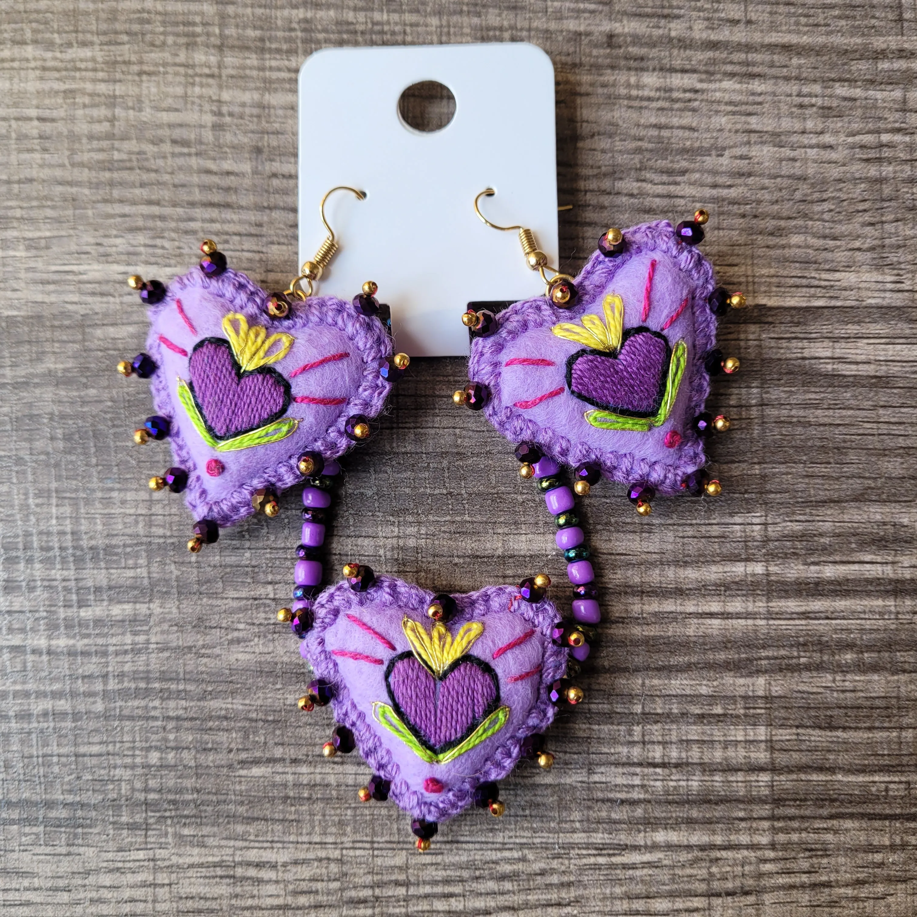 Purple Sagrado corazon necklace  & earrings set