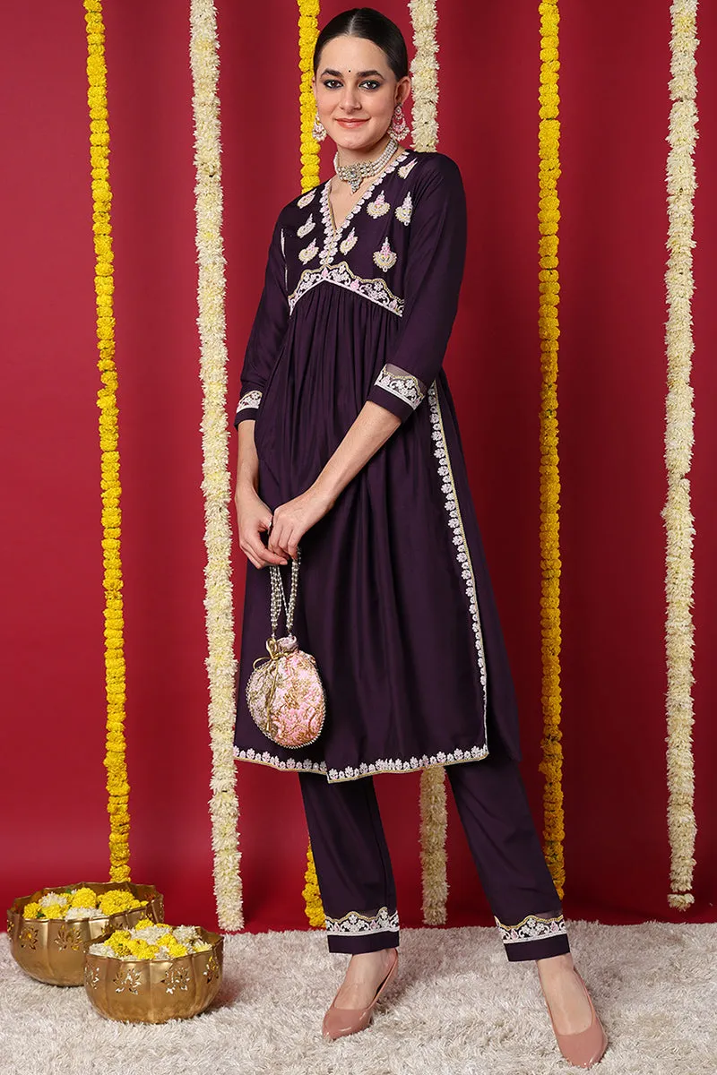 Purple Silk Blend Solid Embroidered Flared Kurta Set