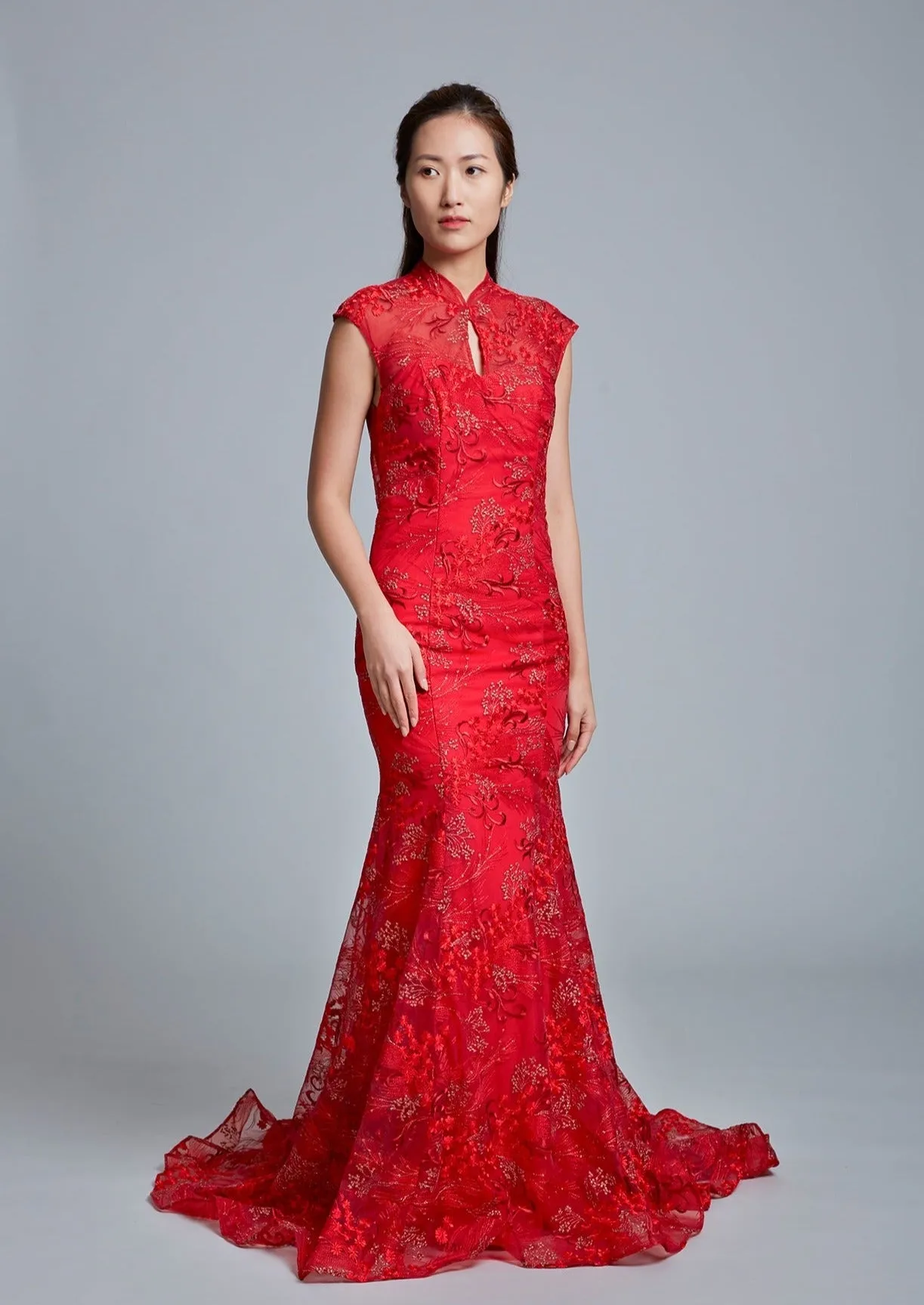 Red Anthurium II Keyhole Bridal Qipao - RTW