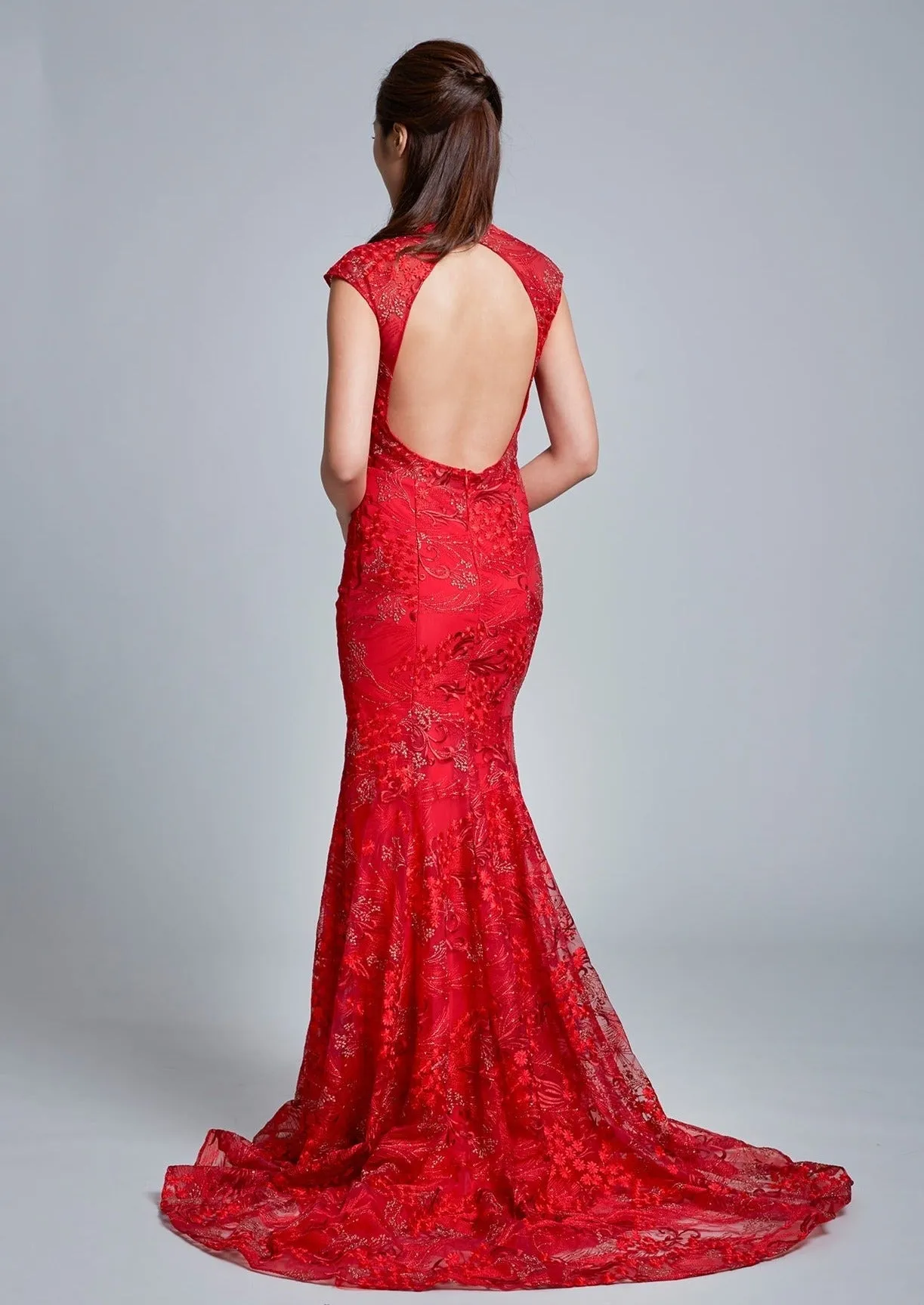 Red Anthurium II Keyhole Bridal Qipao - RTW