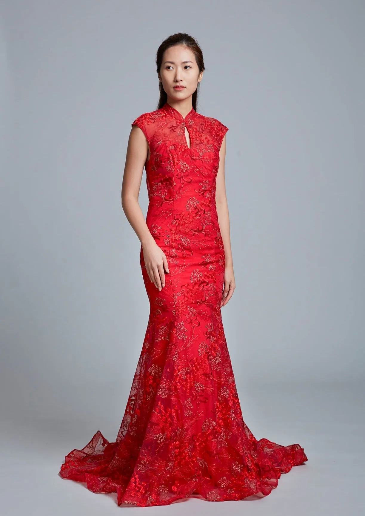 Red Anthurium II Keyhole Bridal Qipao