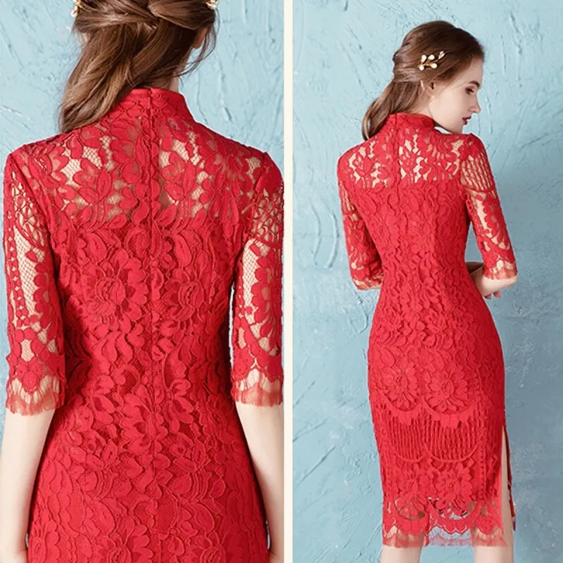 Red Lace Qipao Dress