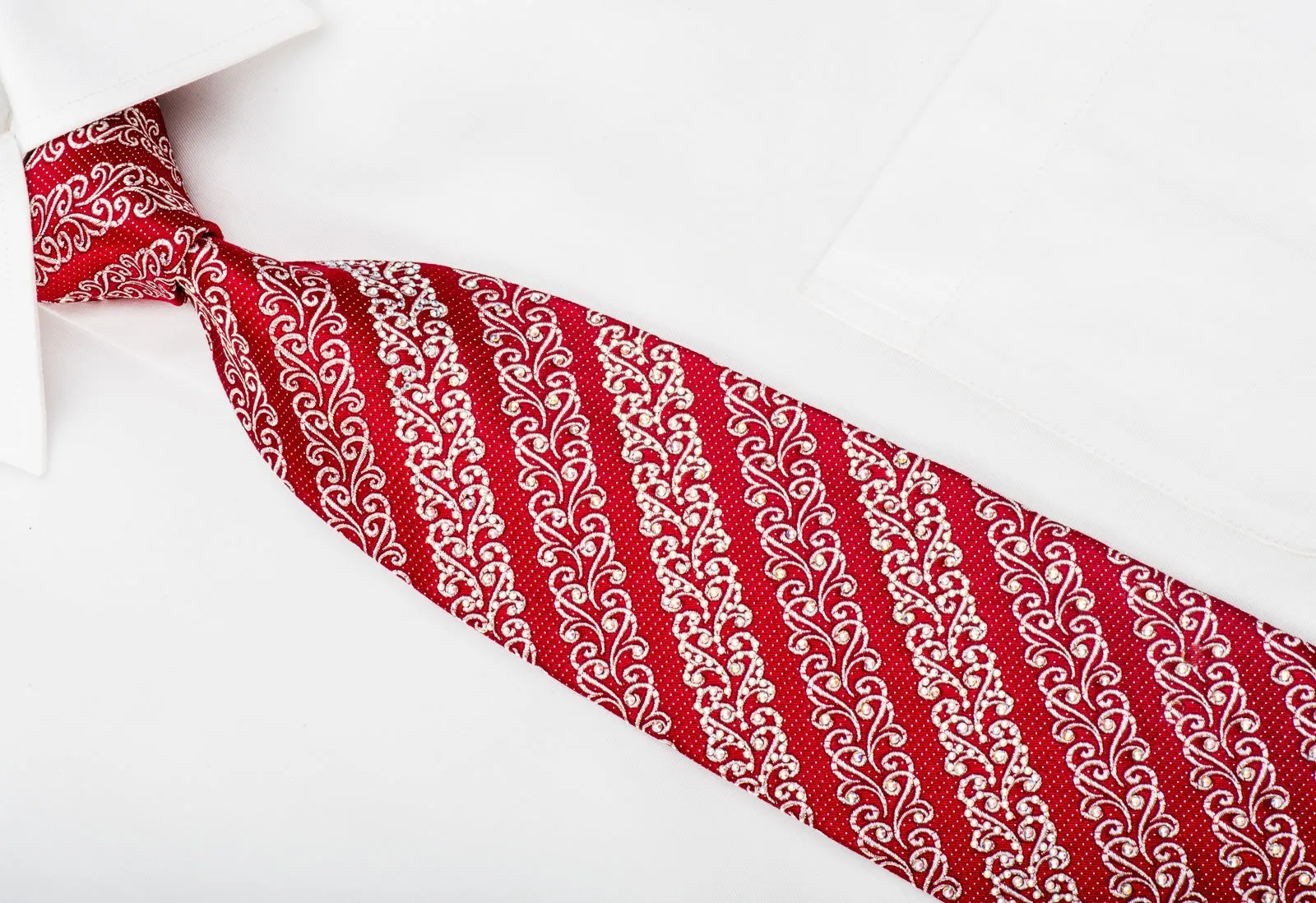 Rhinestone Silk Necktie Silver Filigree Stripes On Burgundy Red With Sparkles