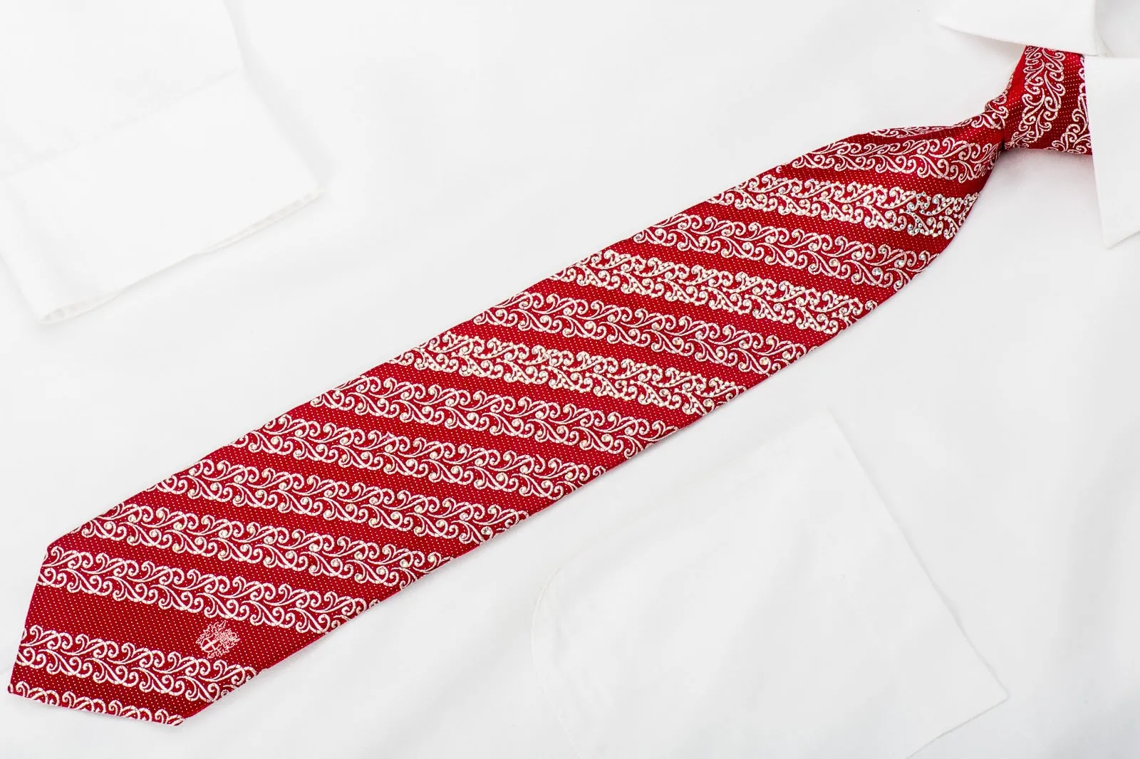 Rhinestone Silk Necktie Silver Filigree Stripes On Burgundy Red With Sparkles