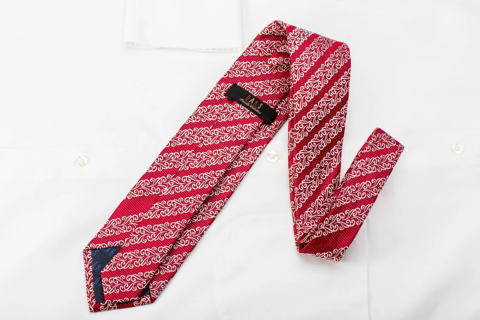 Rhinestone Silk Necktie Silver Filigree Stripes On Burgundy Red With Sparkles