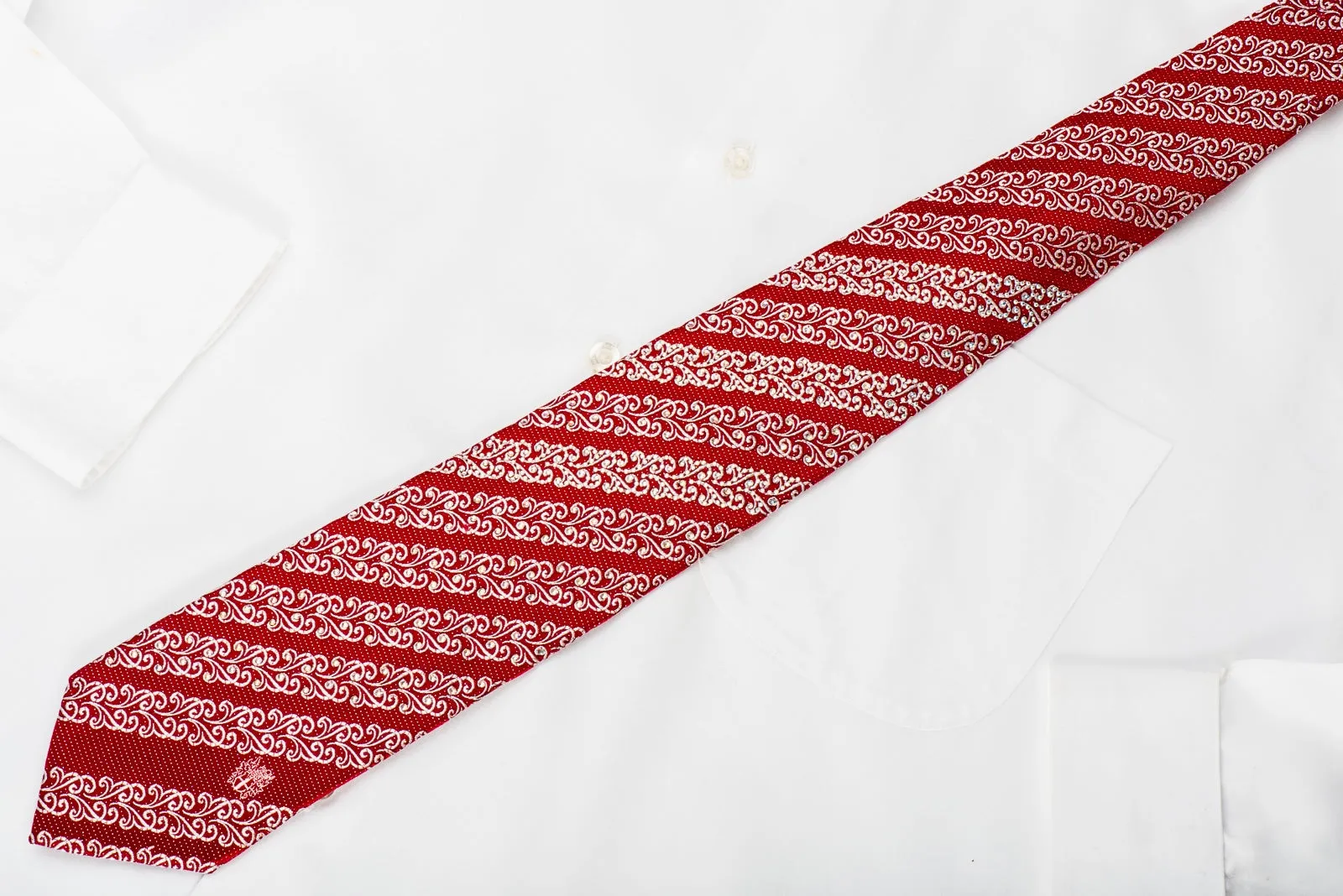 Rhinestone Silk Necktie Silver Filigree Stripes On Burgundy Red With Sparkles