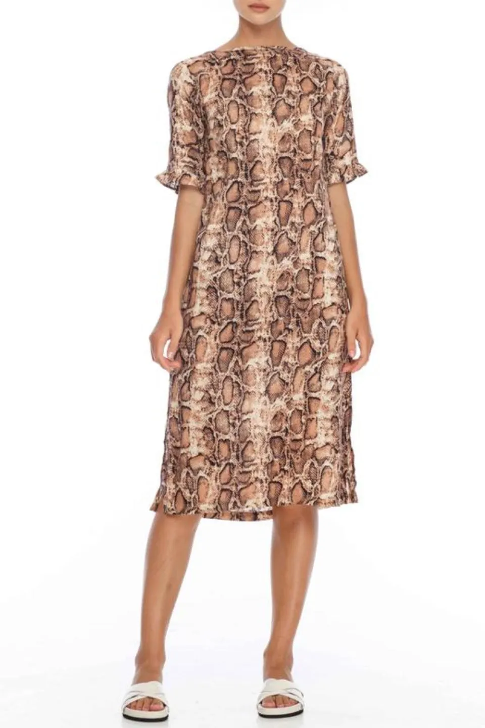 Roar Rose Snake Print Frill Sleeve Dress