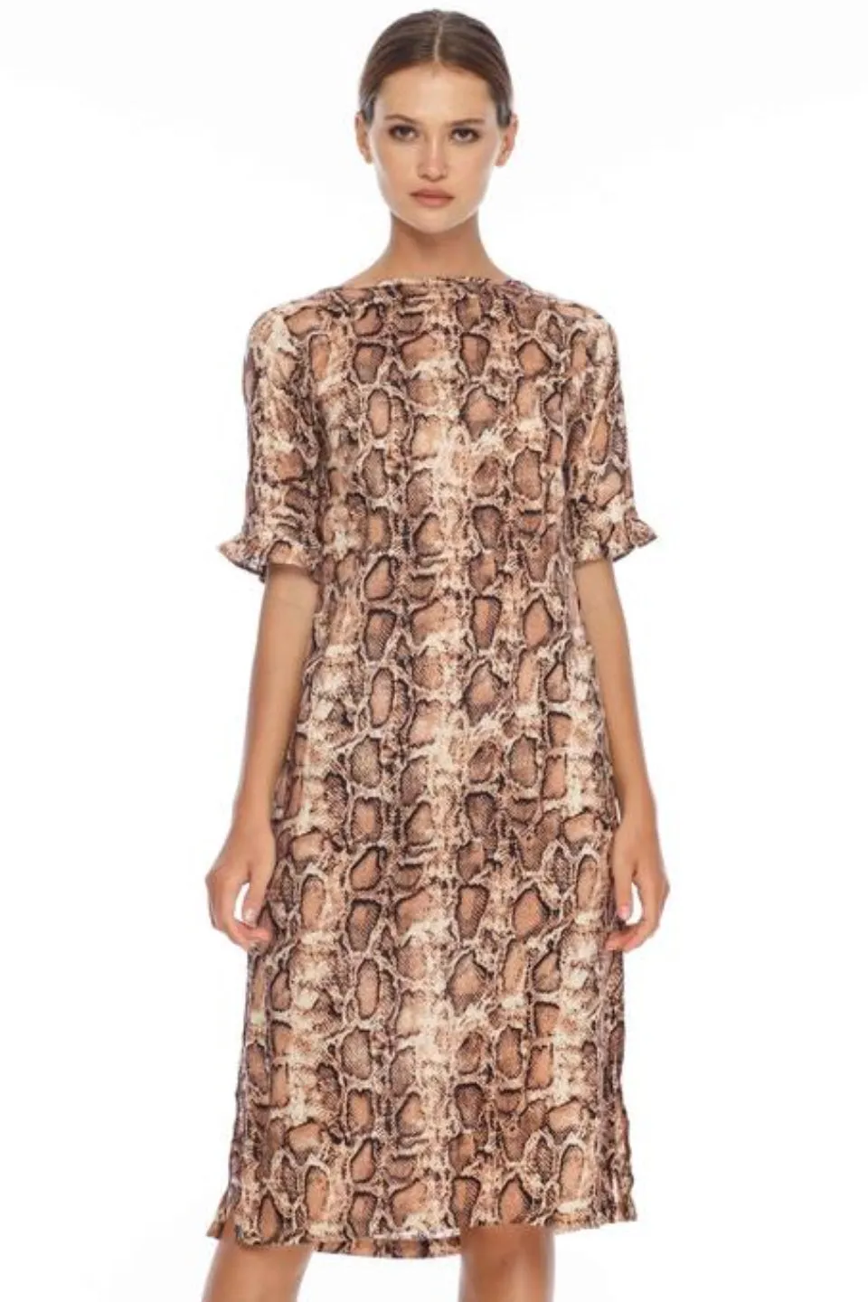 Roar Rose Snake Print Frill Sleeve Dress