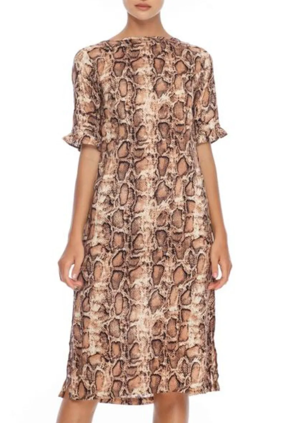 Roar Rose Snake Print Frill Sleeve Dress