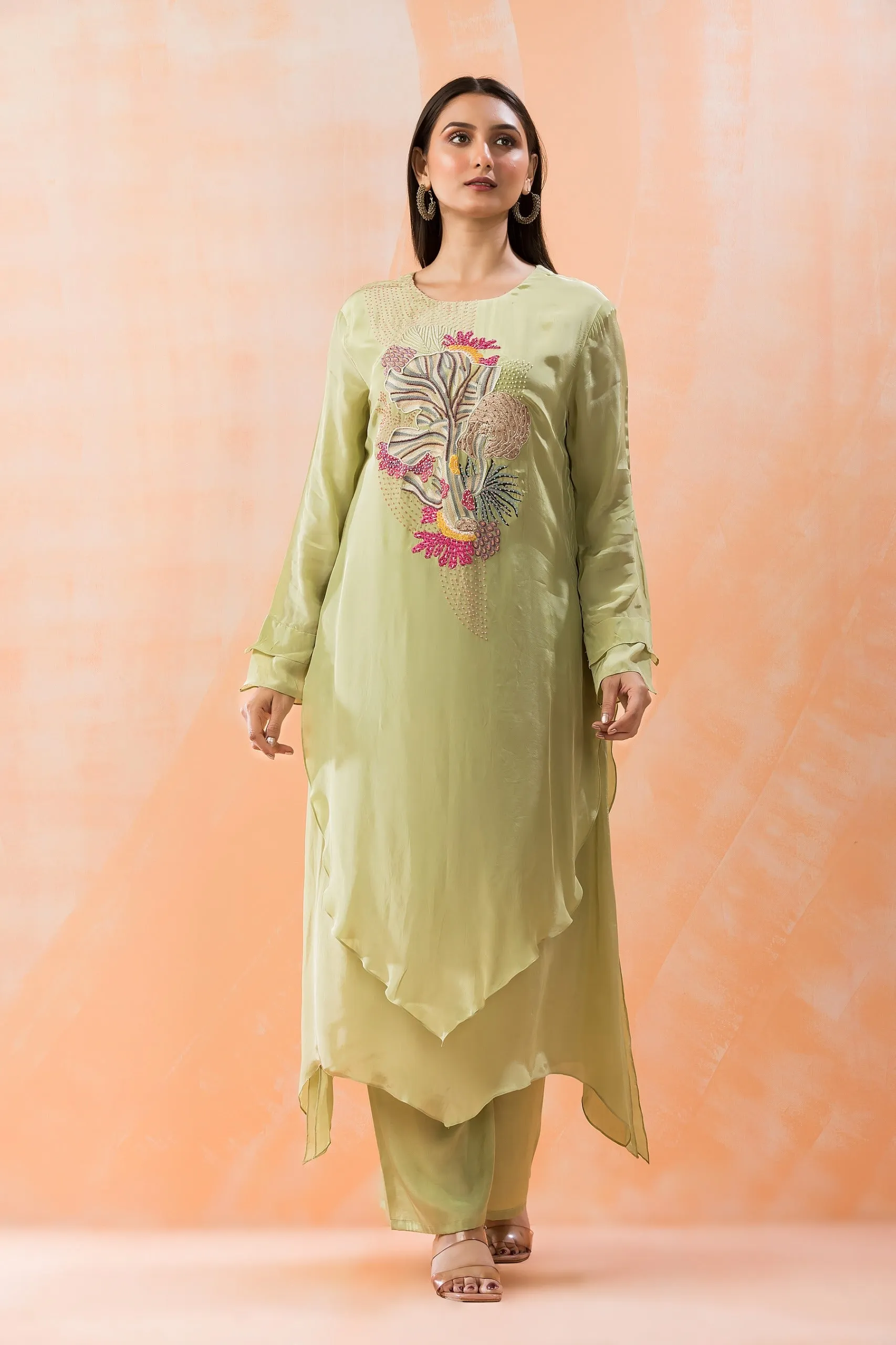 Sage Green Hand Embroidered Crepe Silk Kurta Pants Set