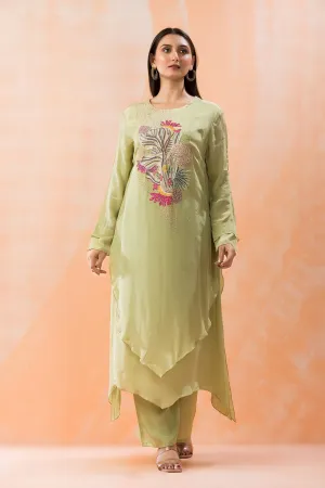 Sage Green Hand Embroidered Crepe Silk Kurta Pants Set