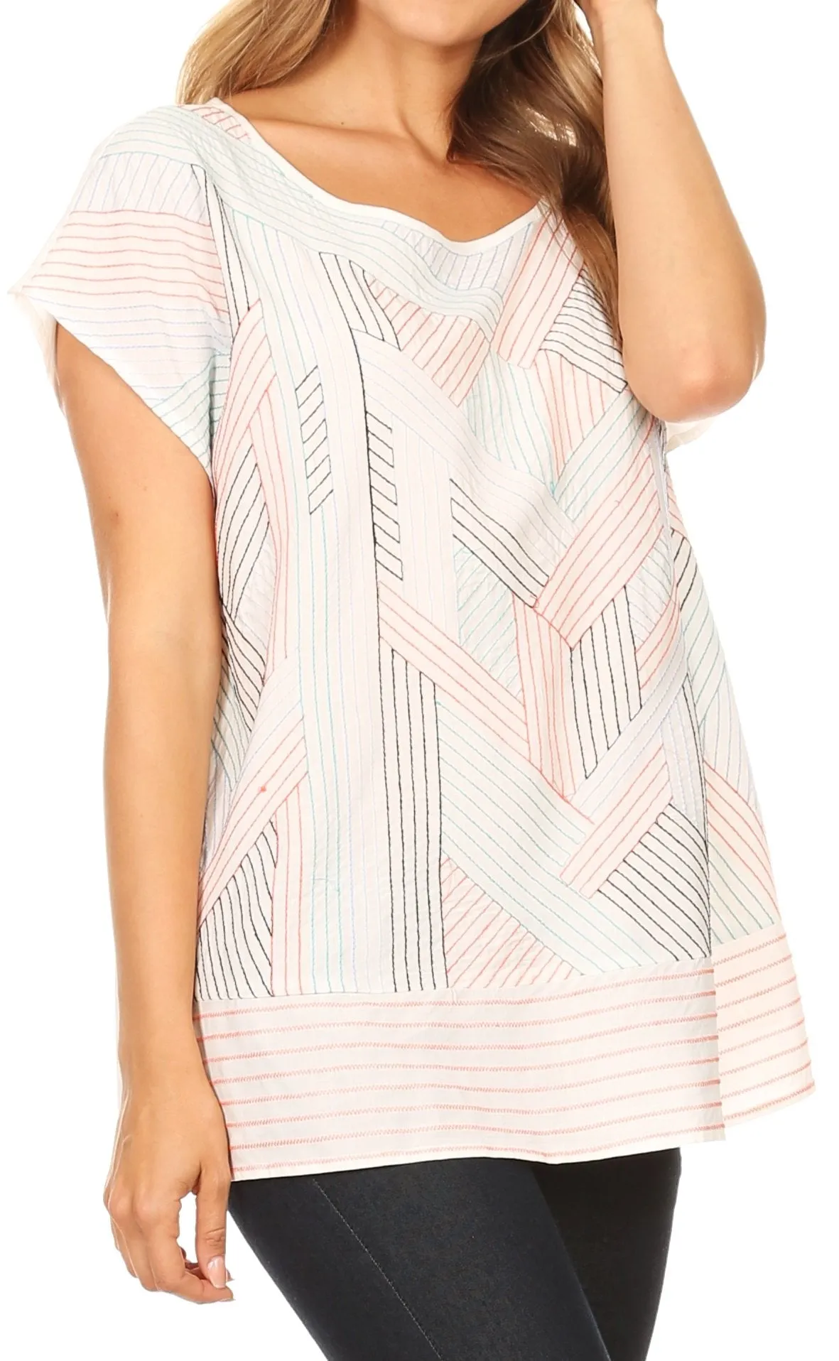 Sakkas Nala Multi-Color Geometric Embroidered Short Sleeve Dolman Top