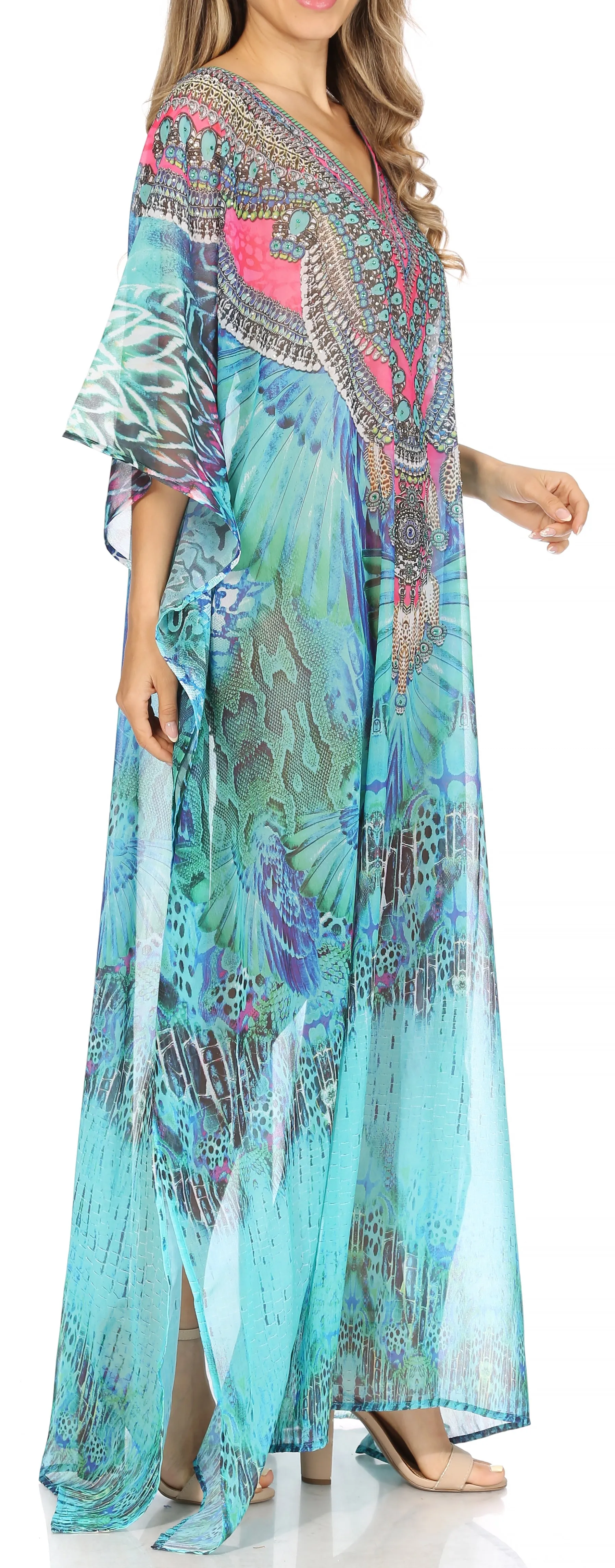 Sakkas Wilder Printed Design Long Sheer Rhinestone Caftan Dress / Cover Up