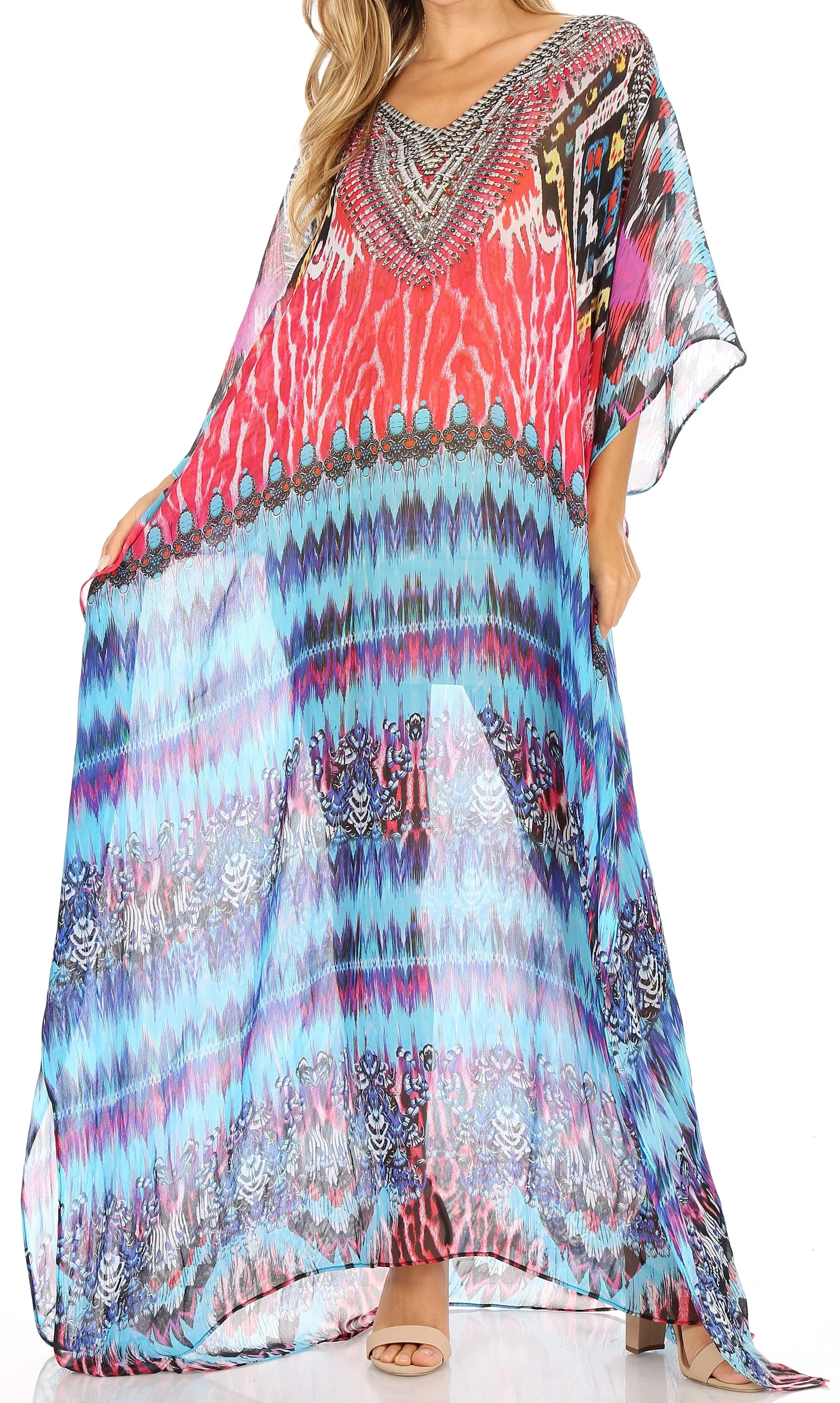 Sakkas Wilder Printed Design Long Sheer Rhinestone Caftan Dress / Cover Up