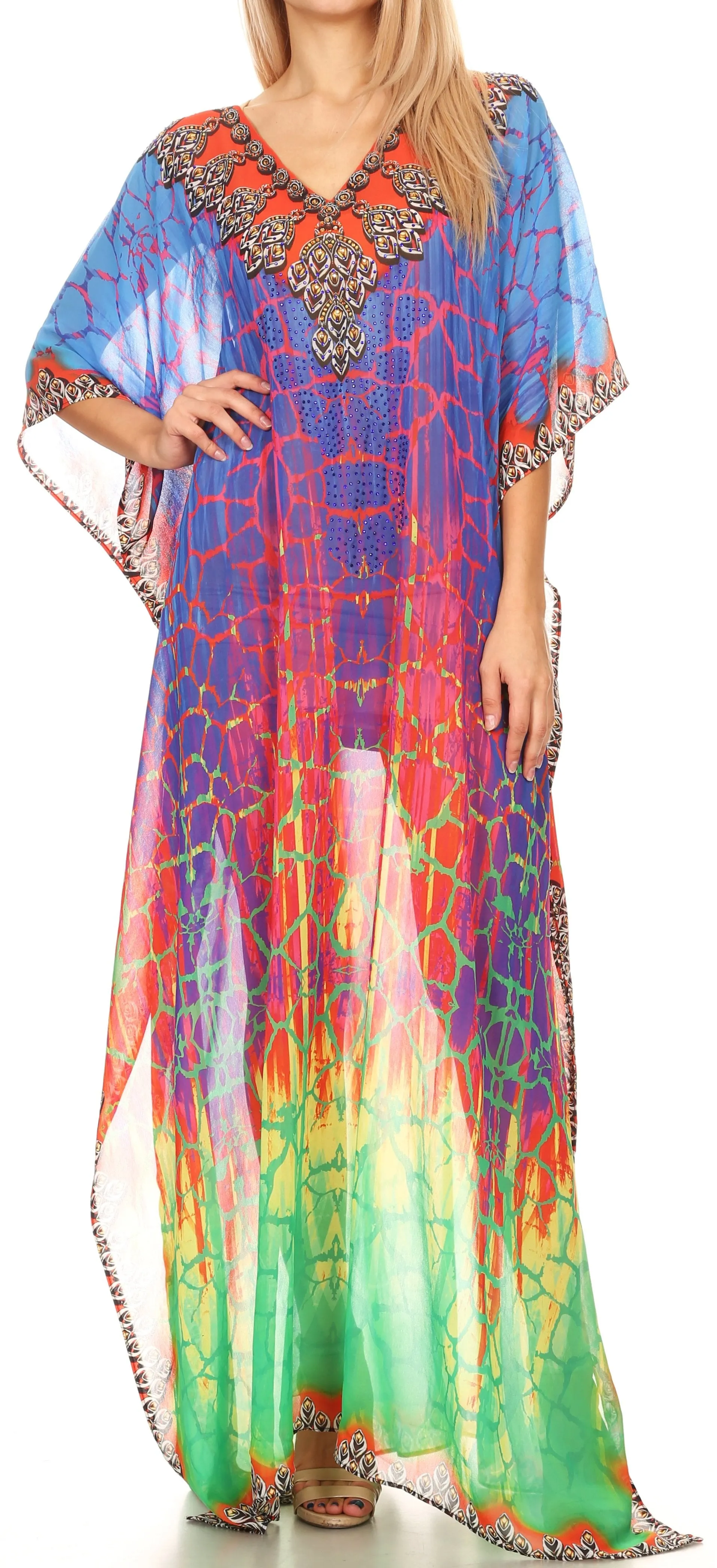 Sakkas Wilder Printed Design Long Sheer Rhinestone Caftan Dress / Cover Up