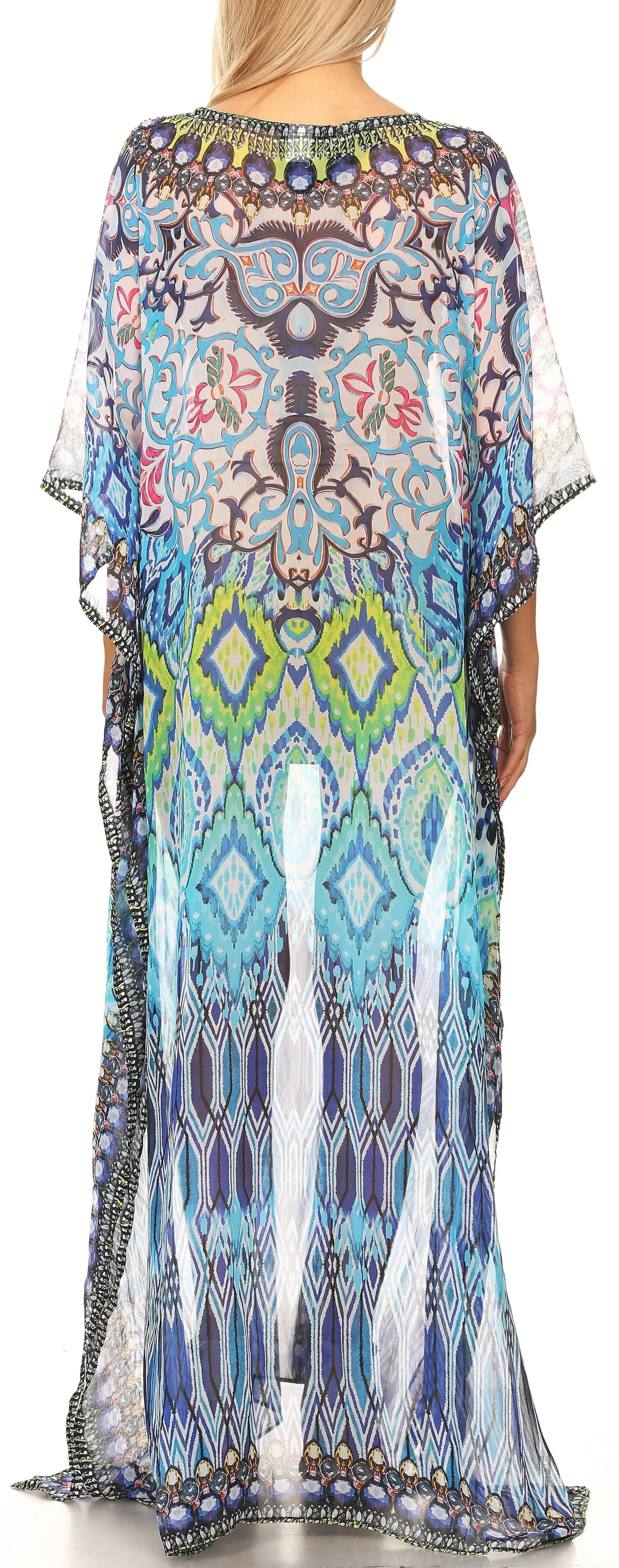 Sakkas Wilder Printed Design Long Sheer Rhinestone Caftan Dress / Cover Up