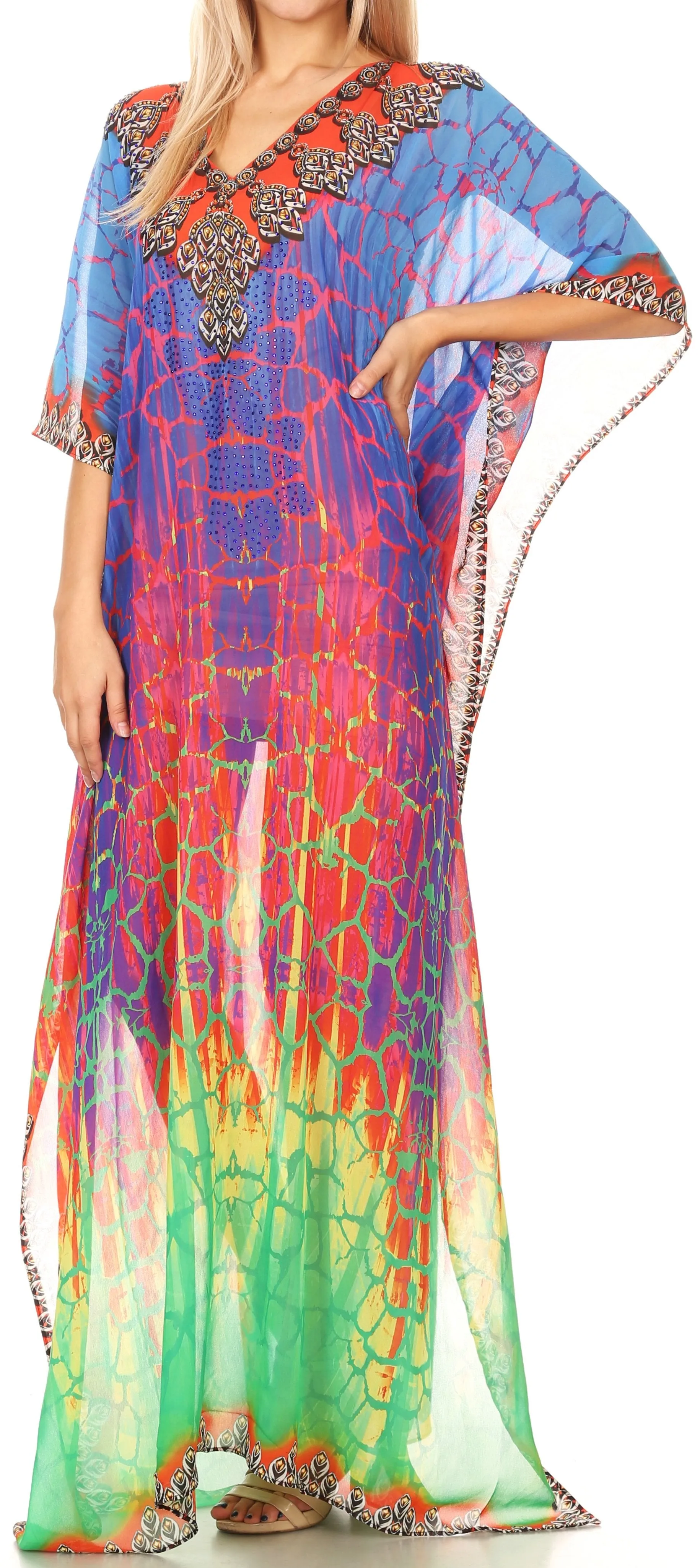 Sakkas Wilder Printed Design Long Sheer Rhinestone Caftan Dress / Cover Up