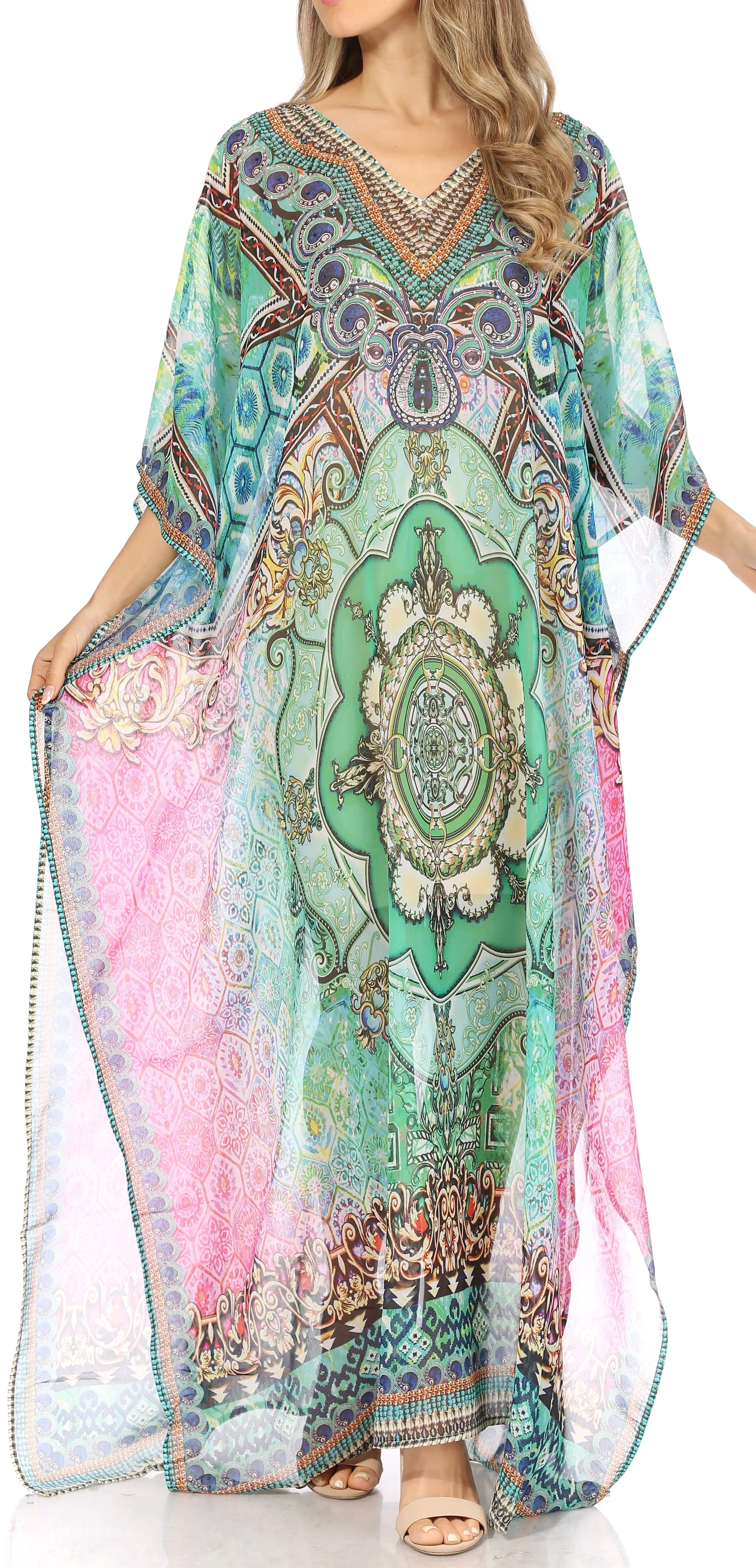 Sakkas Wilder Printed Design Long Sheer Rhinestone Caftan Dress / Cover Up