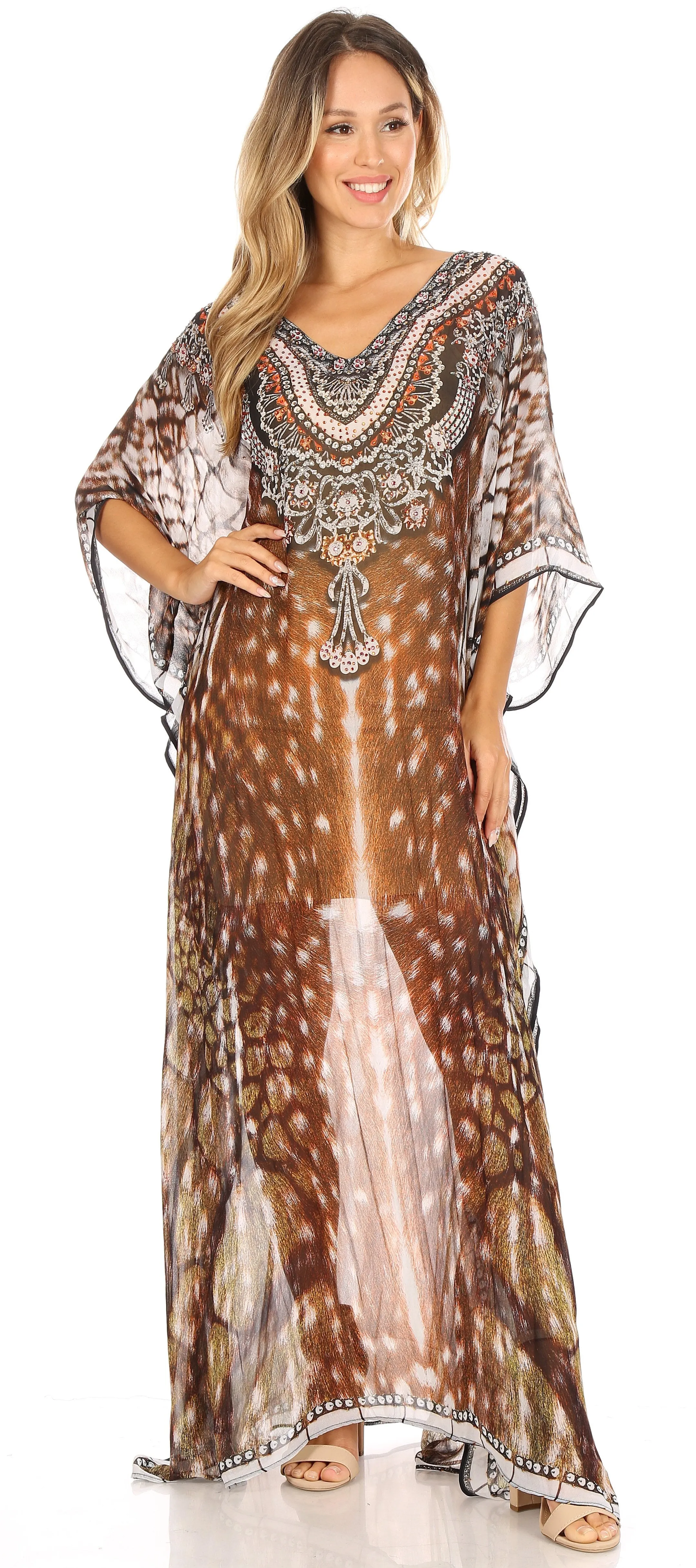 Sakkas Wilder Printed Design Long Sheer Rhinestone Caftan Dress / Cover Up