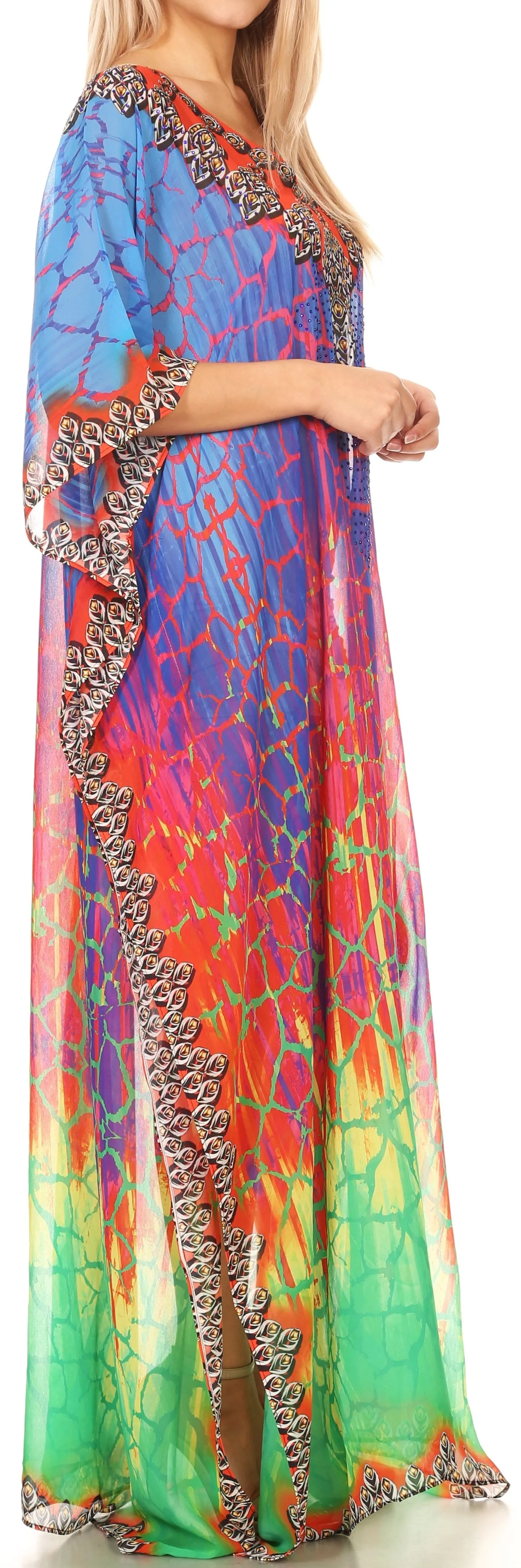 Sakkas Wilder Printed Design Long Sheer Rhinestone Caftan Dress / Cover Up