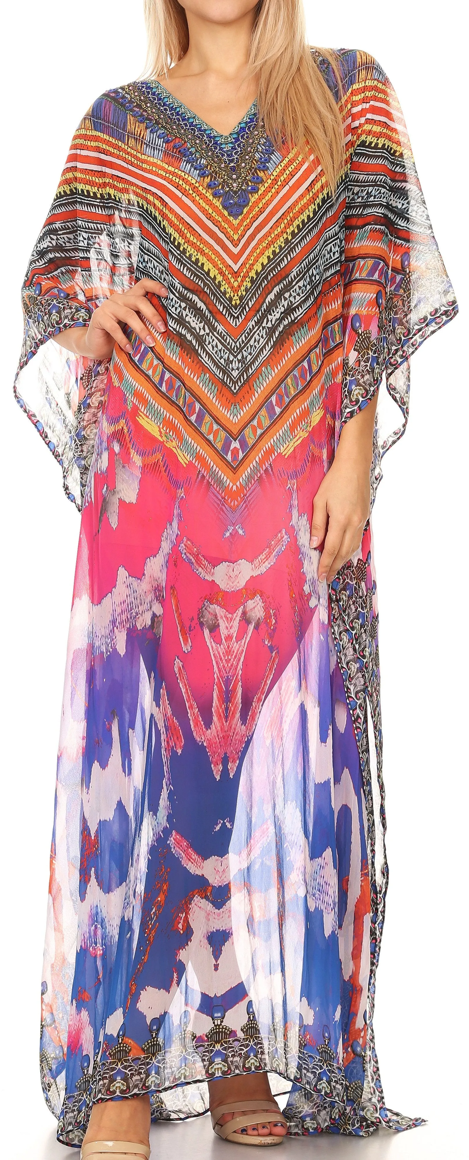 Sakkas Wilder Printed Design Long Sheer Rhinestone Caftan Dress / Cover Up