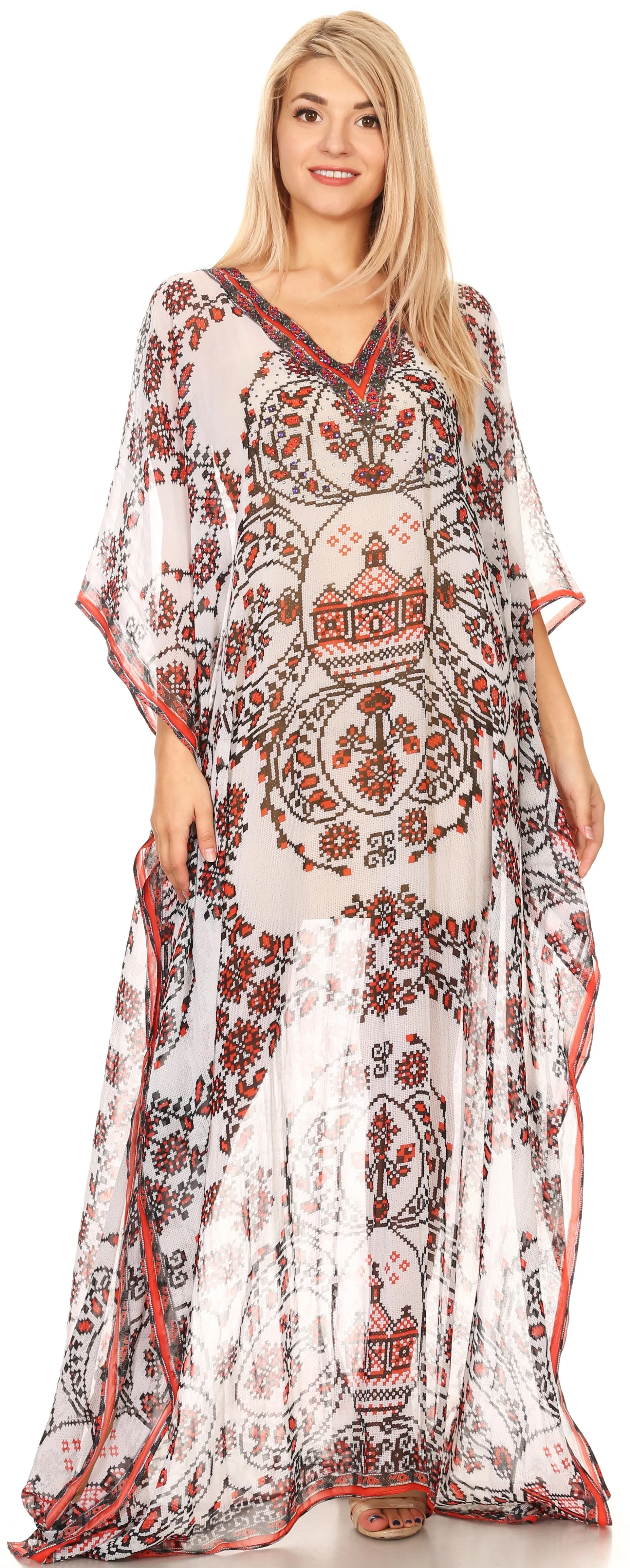 Sakkas Wilder Printed Design Long Sheer Rhinestone Caftan Dress / Cover Up