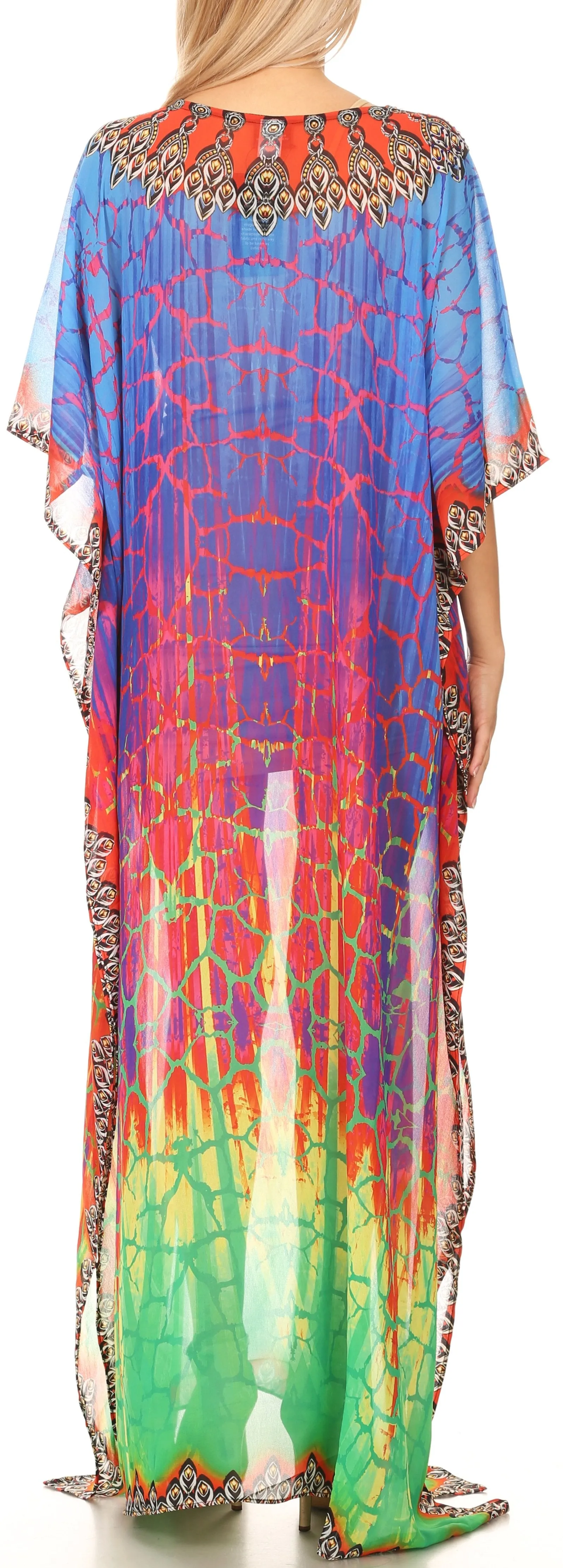 Sakkas Wilder Printed Design Long Sheer Rhinestone Caftan Dress / Cover Up