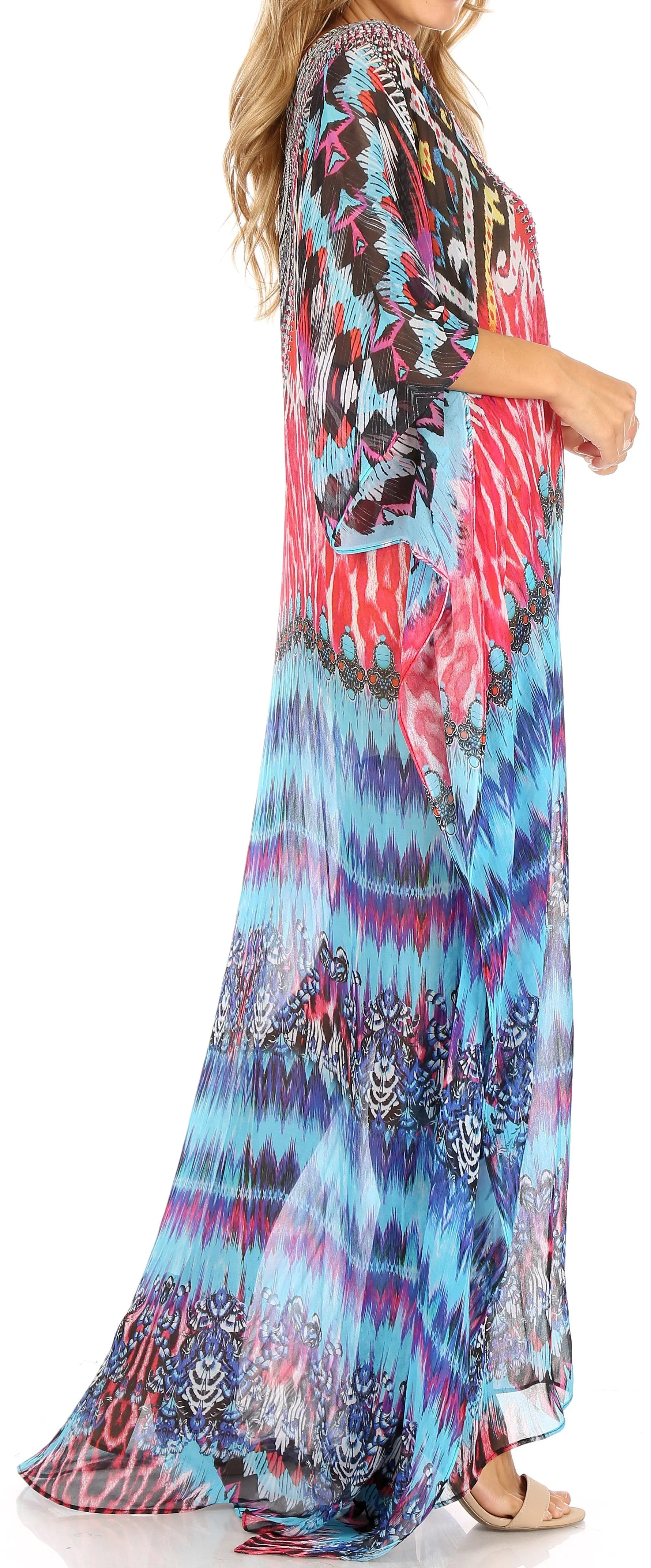 Sakkas Wilder Printed Design Long Sheer Rhinestone Caftan Dress / Cover Up