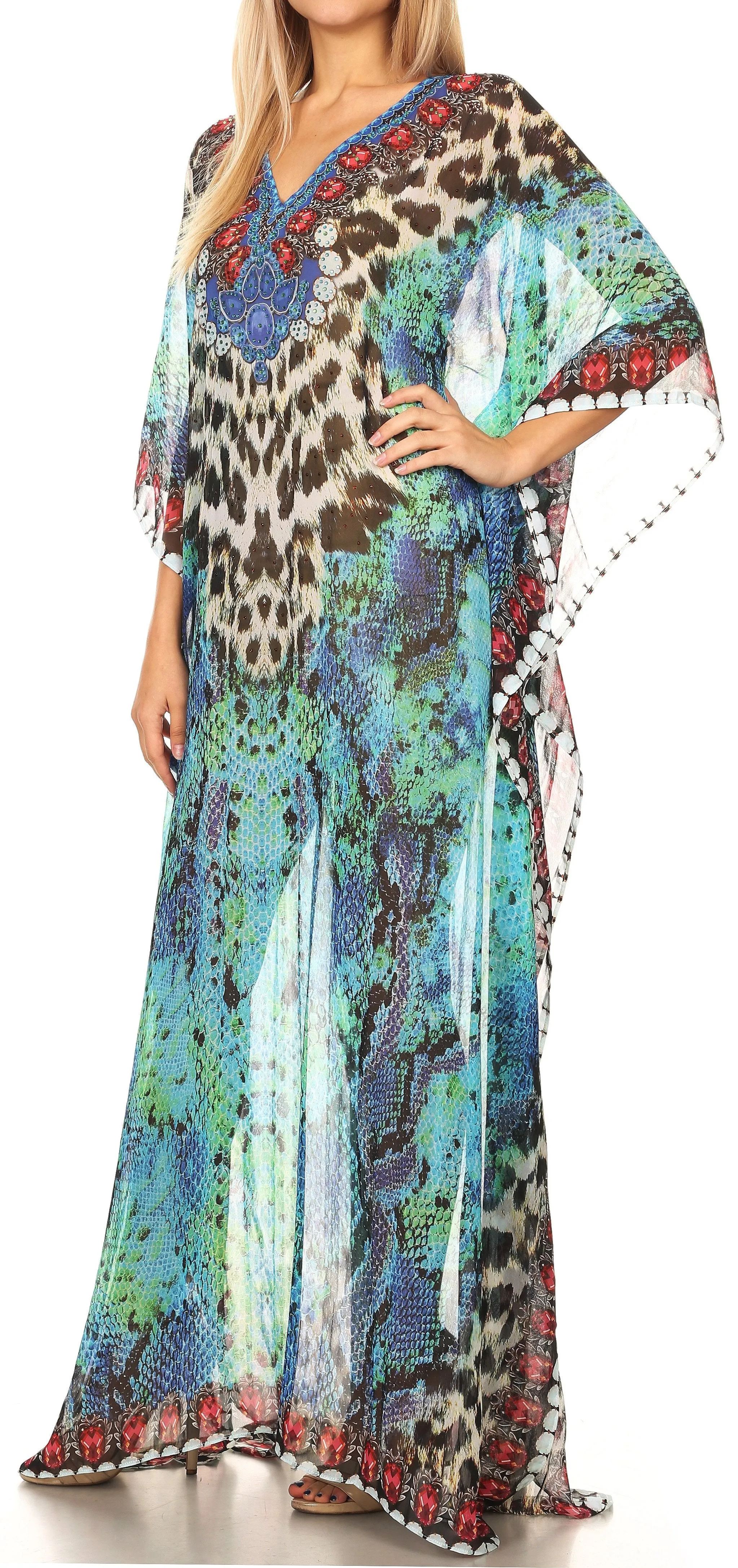 Sakkas Wilder Printed Design Long Sheer Rhinestone Caftan Dress / Cover Up