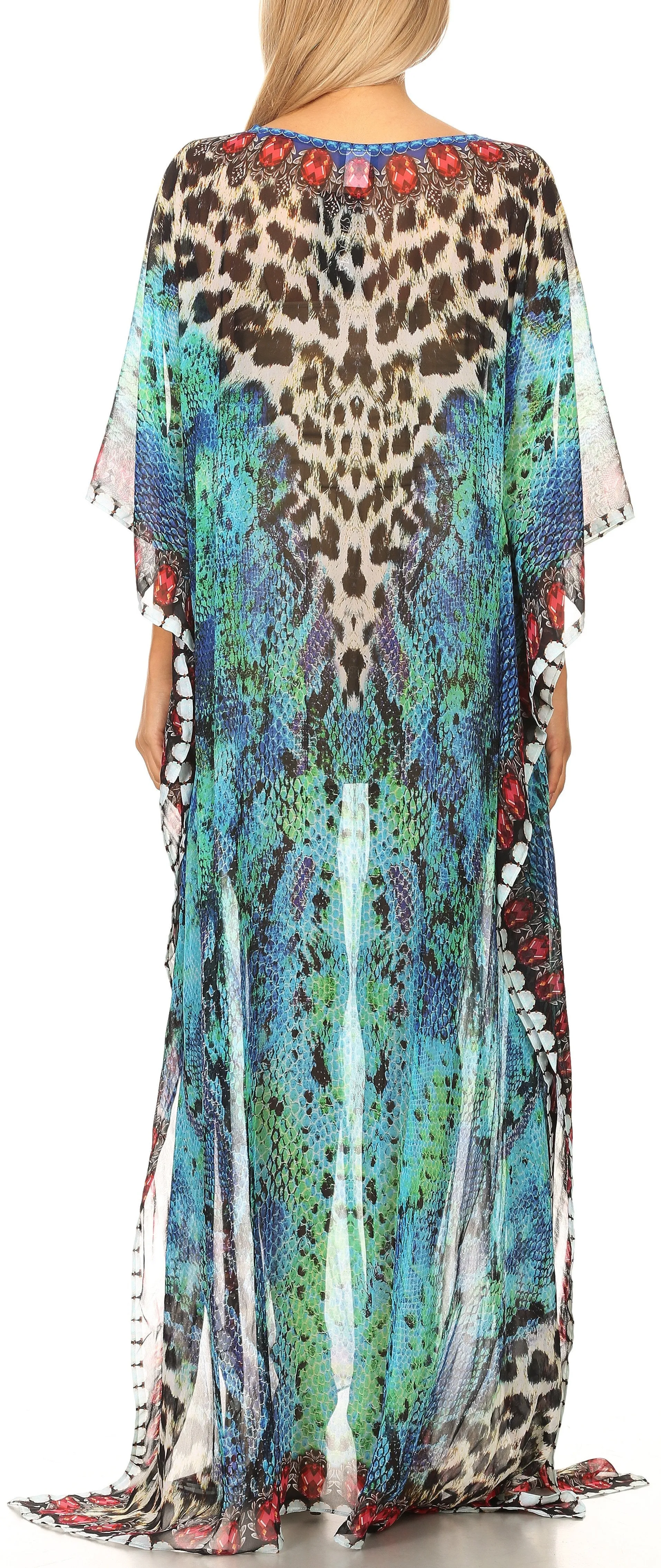 Sakkas Wilder Printed Design Long Sheer Rhinestone Caftan Dress / Cover Up