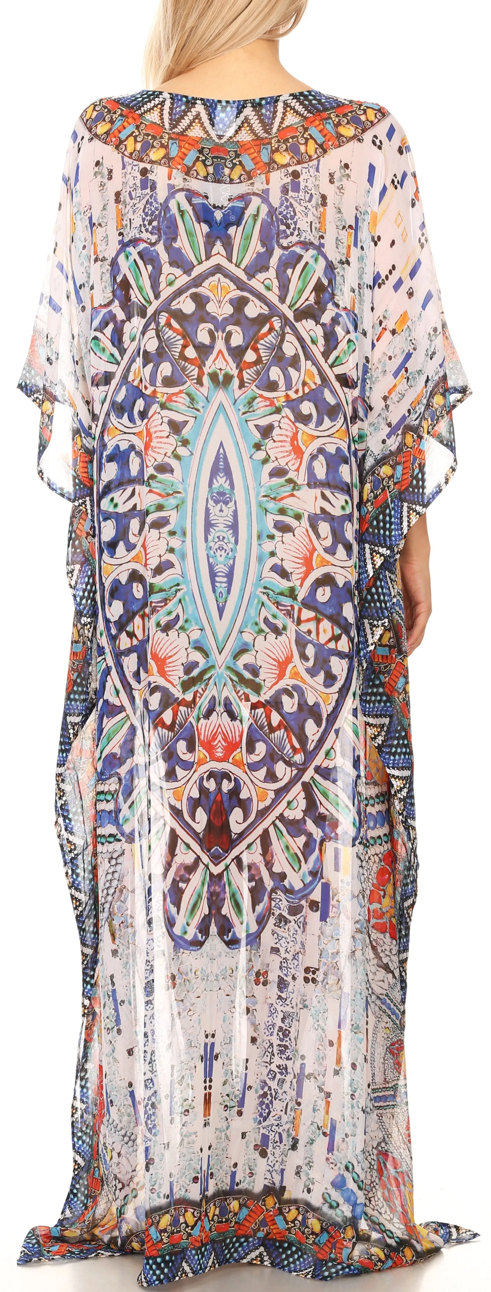 Sakkas Wilder Printed Design Long Sheer Rhinestone Caftan Dress / Cover Up