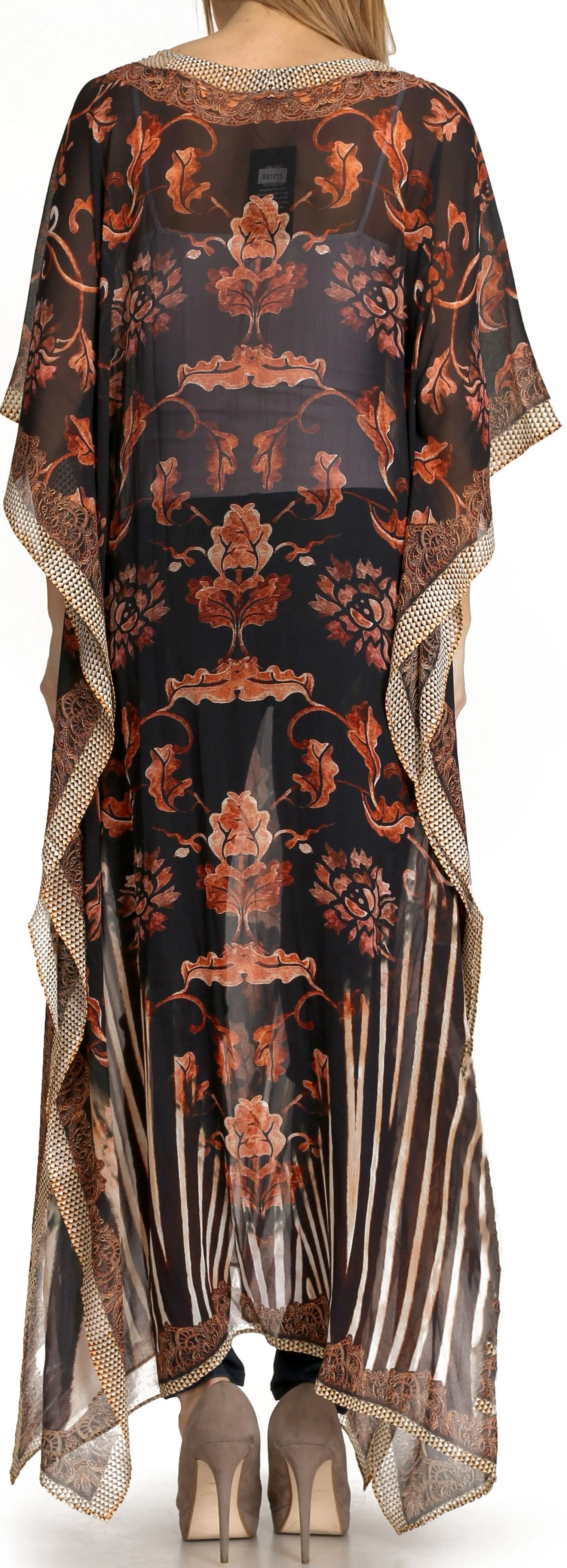 Sakkas Wilder Printed Design Long Sheer Rhinestone Caftan Dress / Cover Up