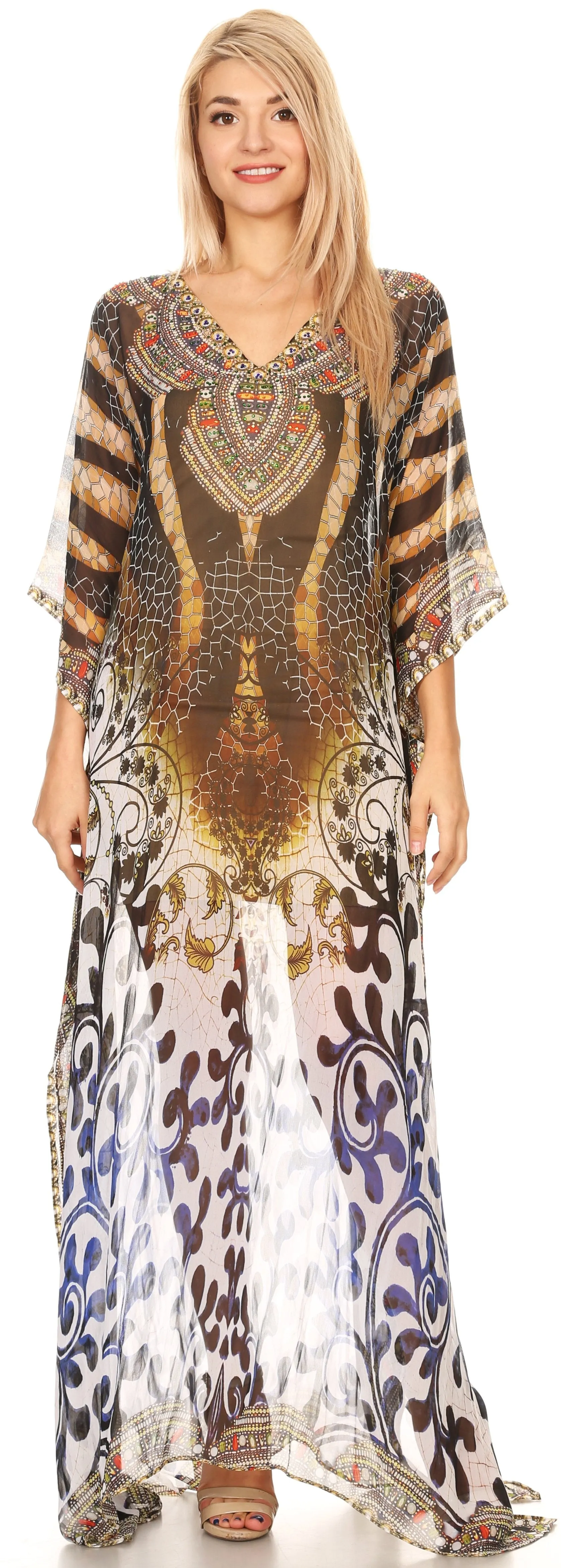 Sakkas Wilder Printed Design Long Sheer Rhinestone Caftan Dress / Cover Up