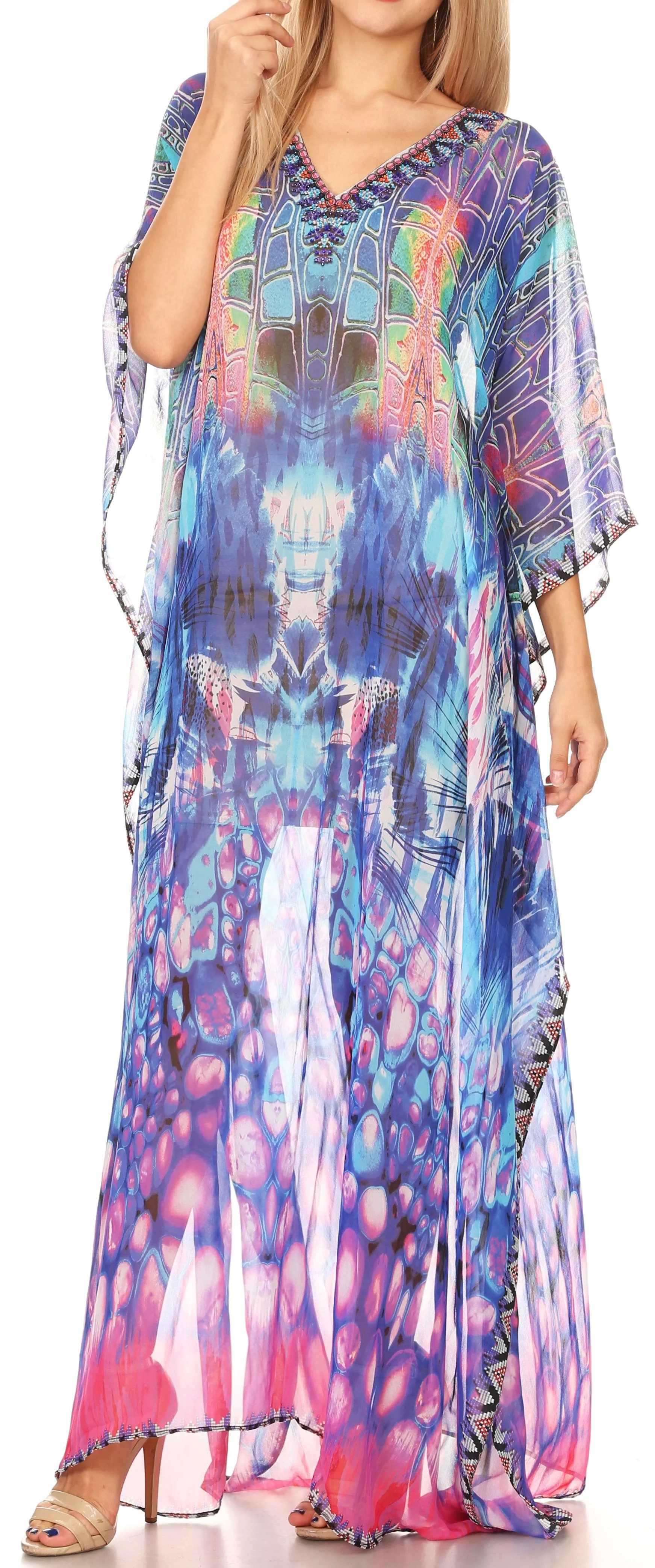 Sakkas Wilder Printed Design Long Sheer Rhinestone Caftan Dress / Cover Up