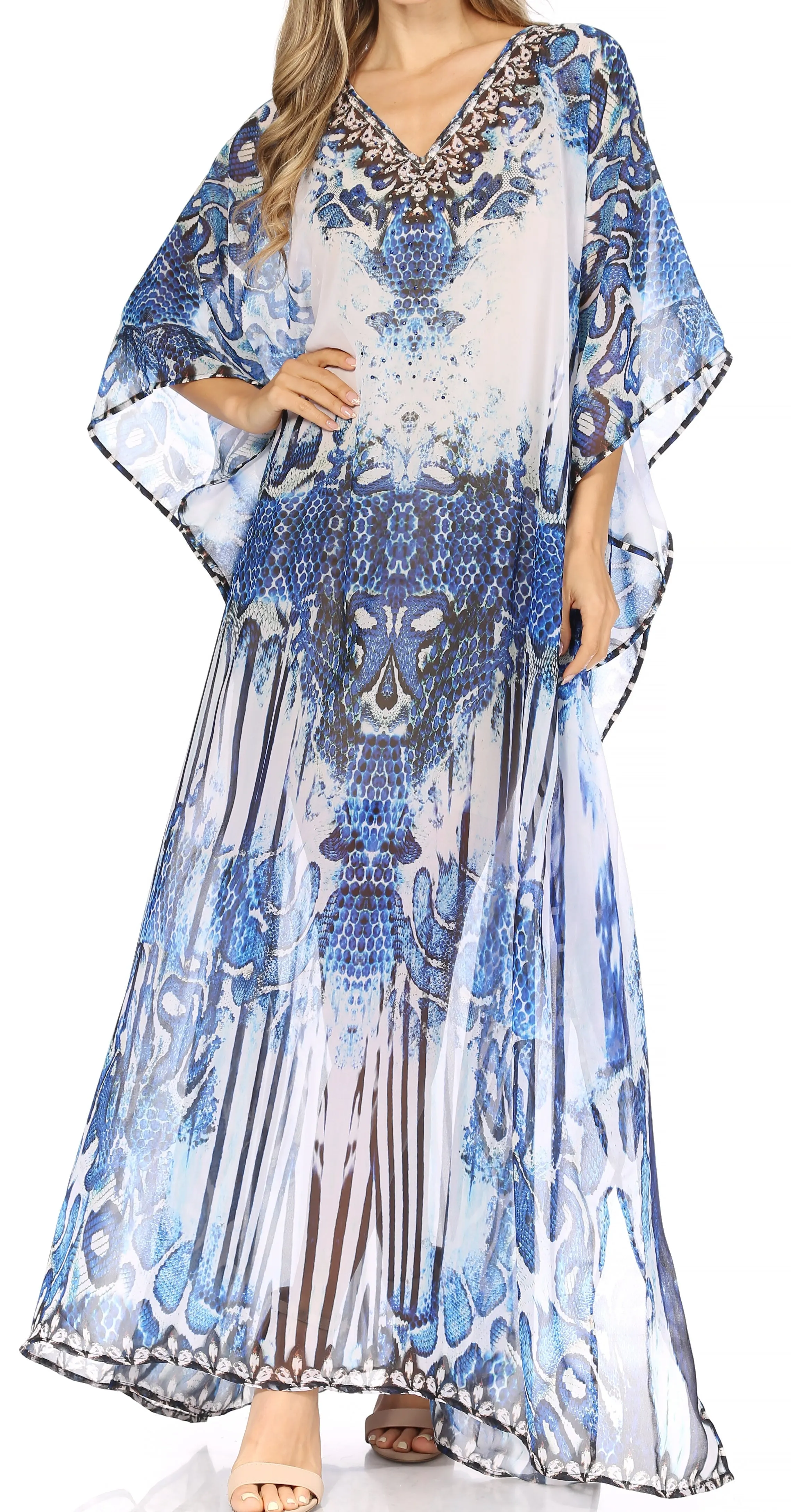 Sakkas Wilder Printed Design Long Sheer Rhinestone Caftan Dress / Cover Up