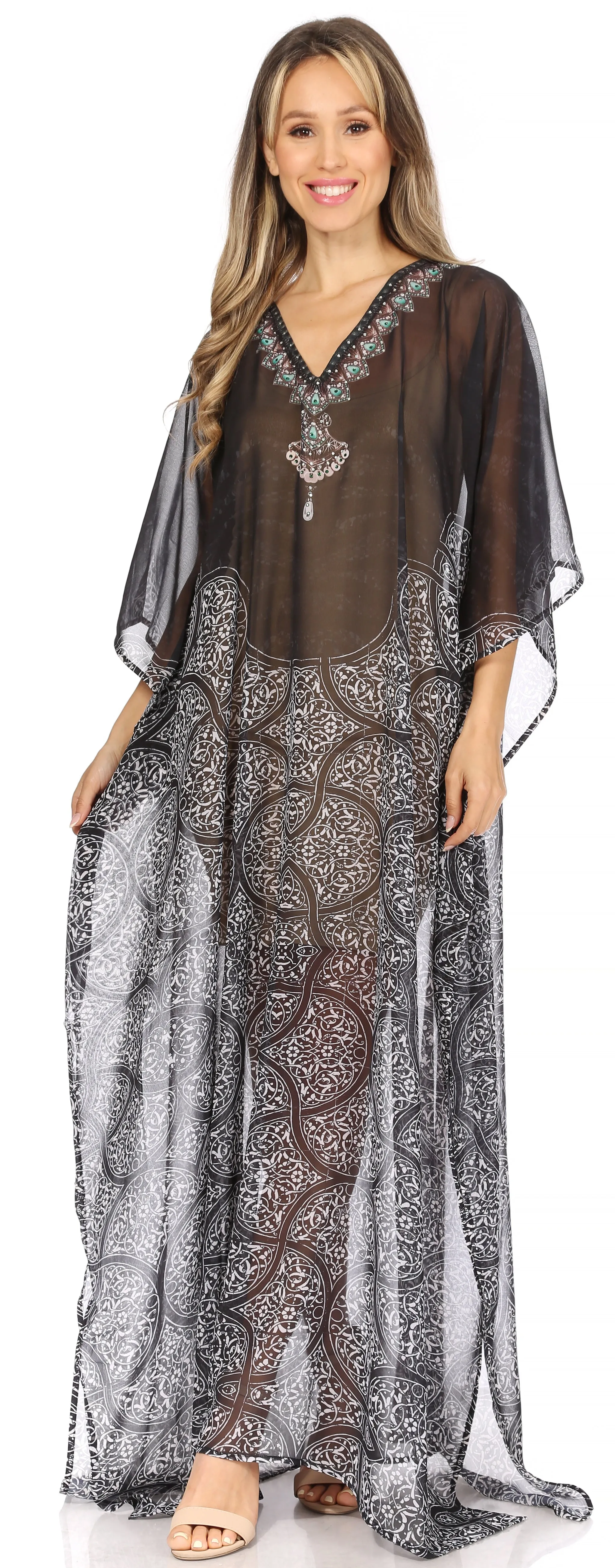 Sakkas Wilder Printed Design Long Sheer Rhinestone Caftan Dress / Cover Up