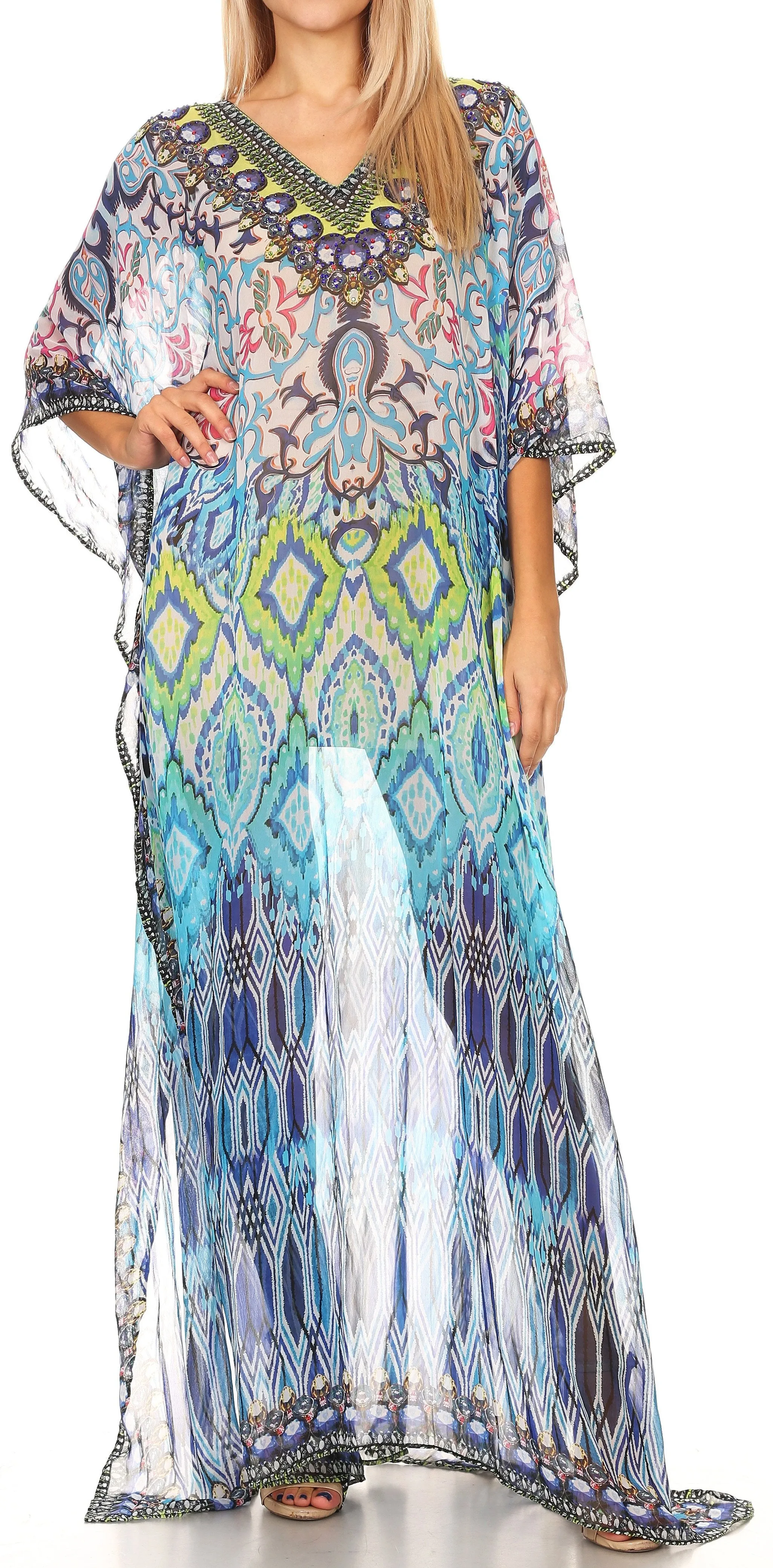 Sakkas Wilder Printed Design Long Sheer Rhinestone Caftan Dress / Cover Up