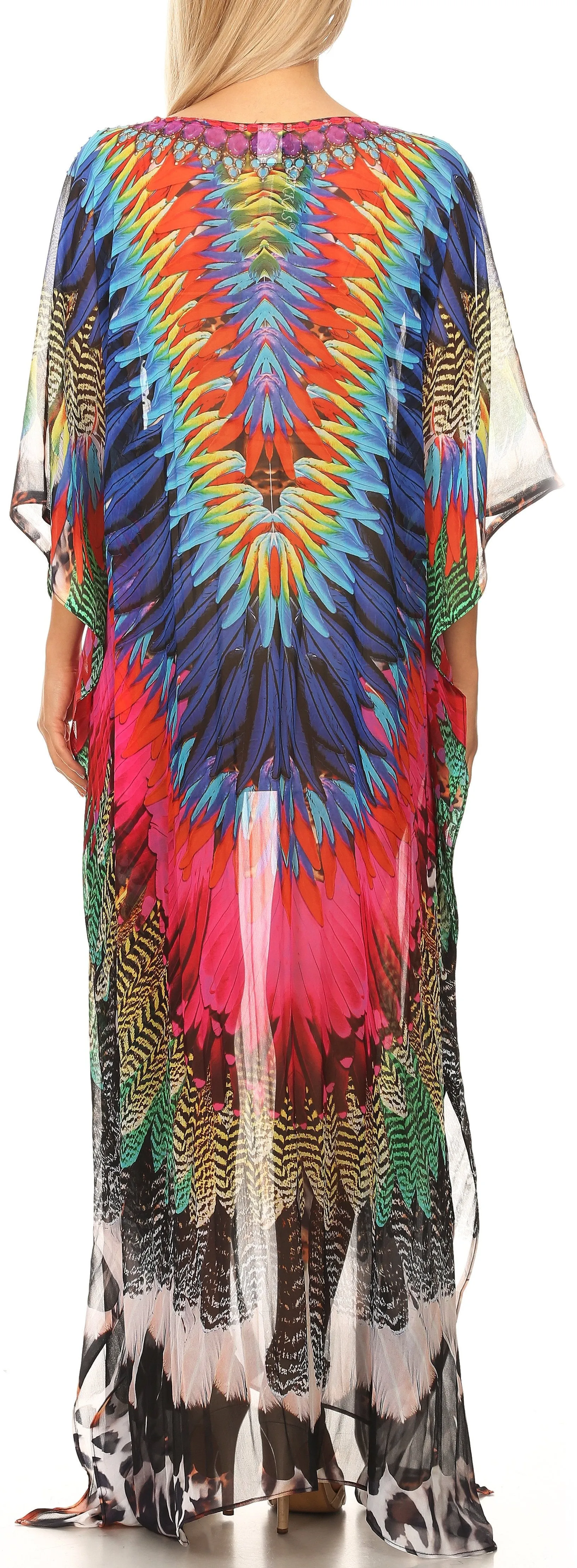 Sakkas Wilder Printed Design Long Sheer Rhinestone Caftan Dress / Cover Up