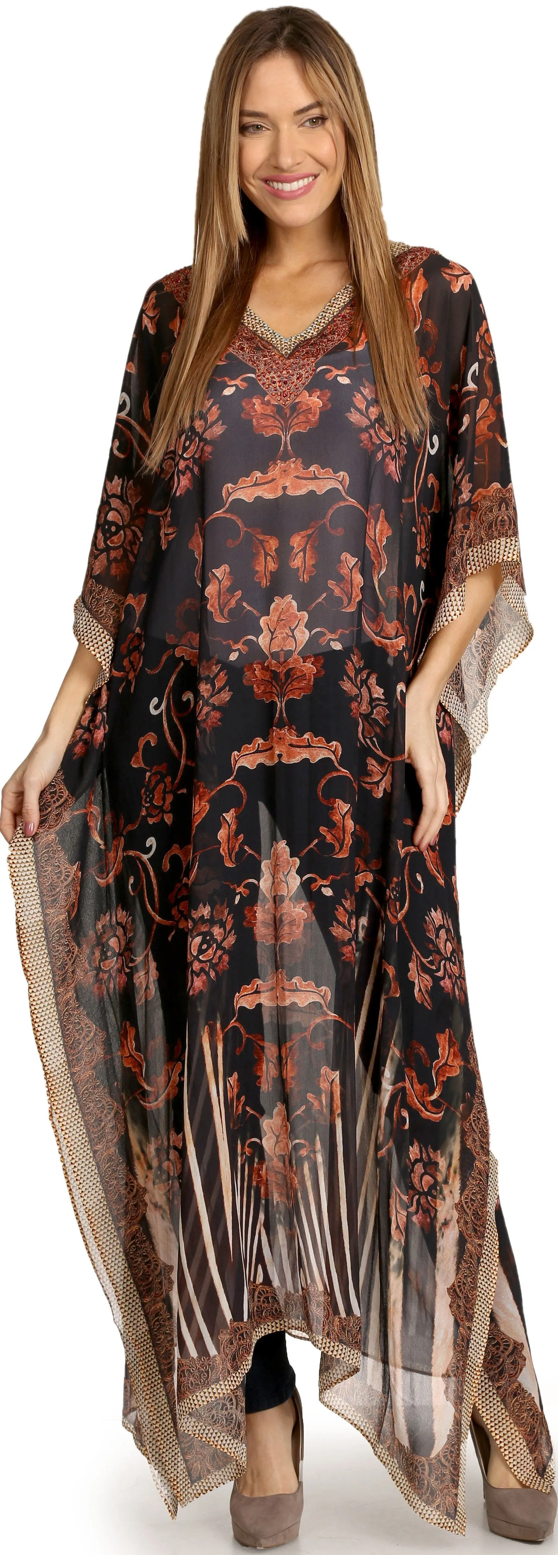 Sakkas Wilder Printed Design Long Sheer Rhinestone Caftan Dress / Cover Up