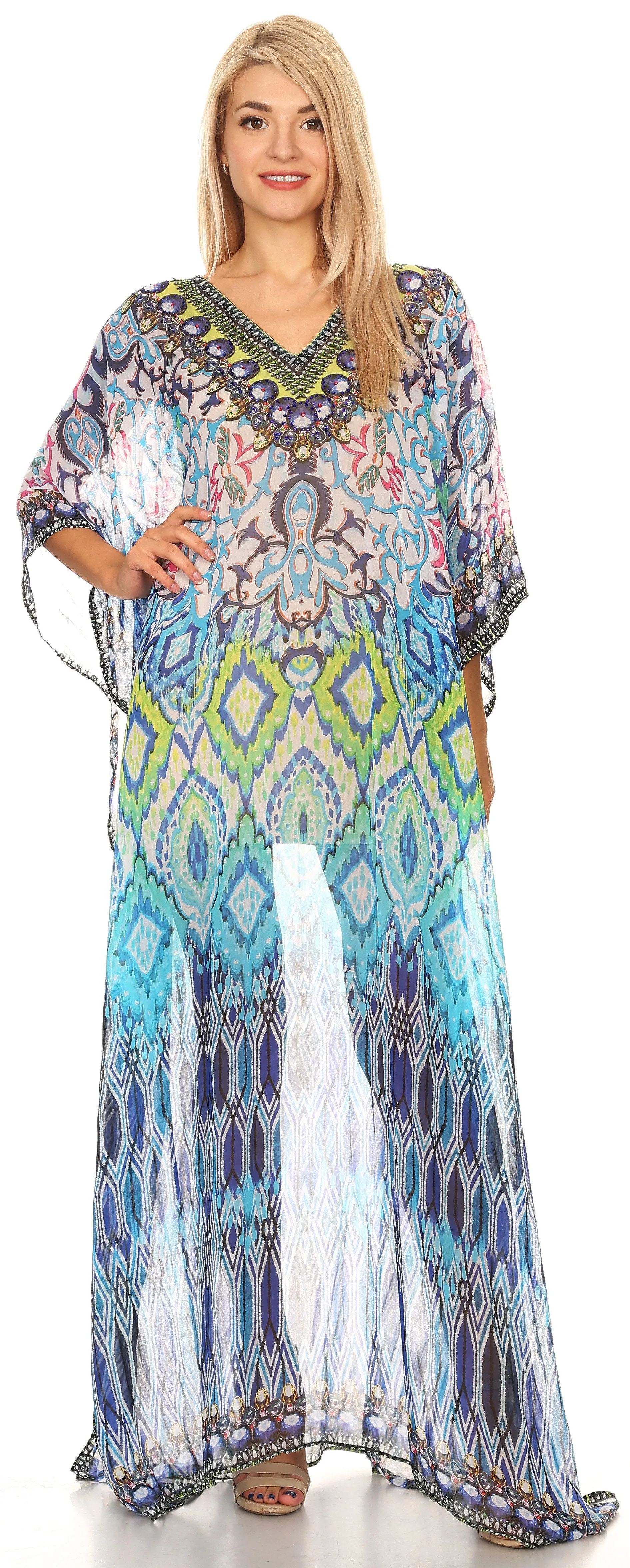 Sakkas Wilder Printed Design Long Sheer Rhinestone Caftan Dress / Cover Up