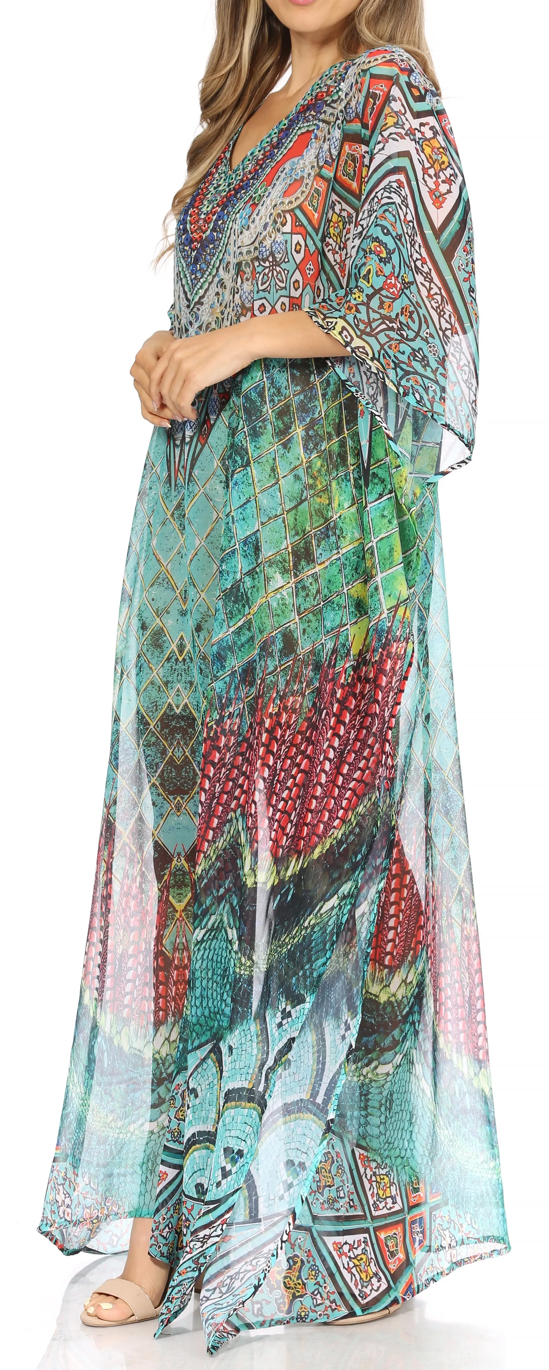 Sakkas Wilder Printed Design Long Sheer Rhinestone Caftan Dress / Cover Up