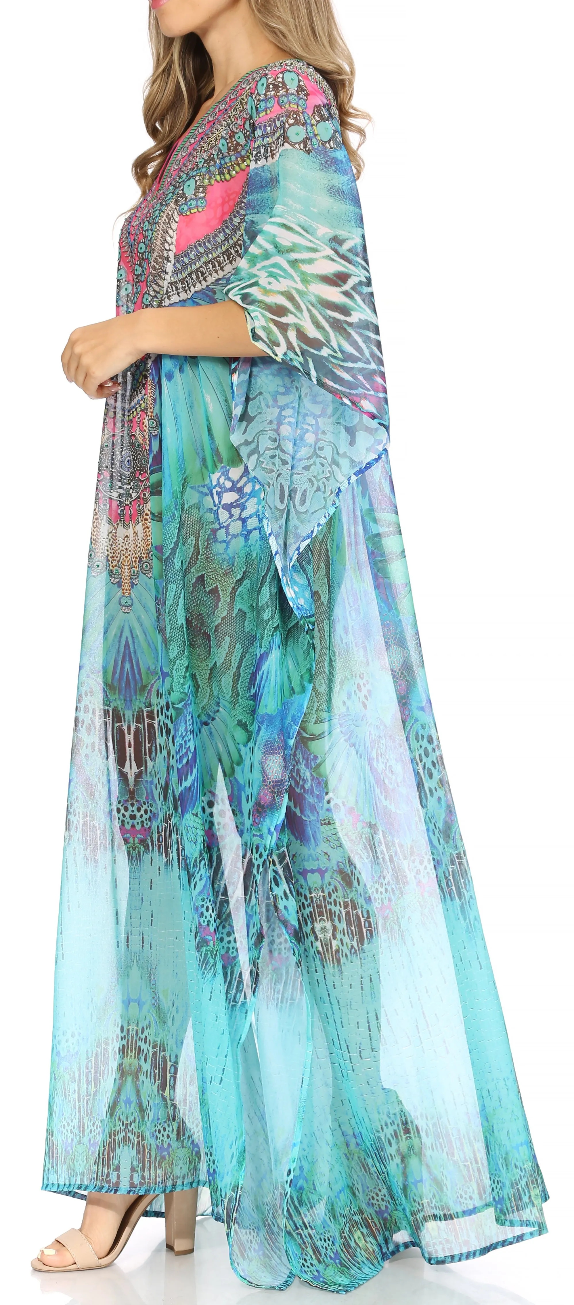 Sakkas Wilder Printed Design Long Sheer Rhinestone Caftan Dress / Cover Up