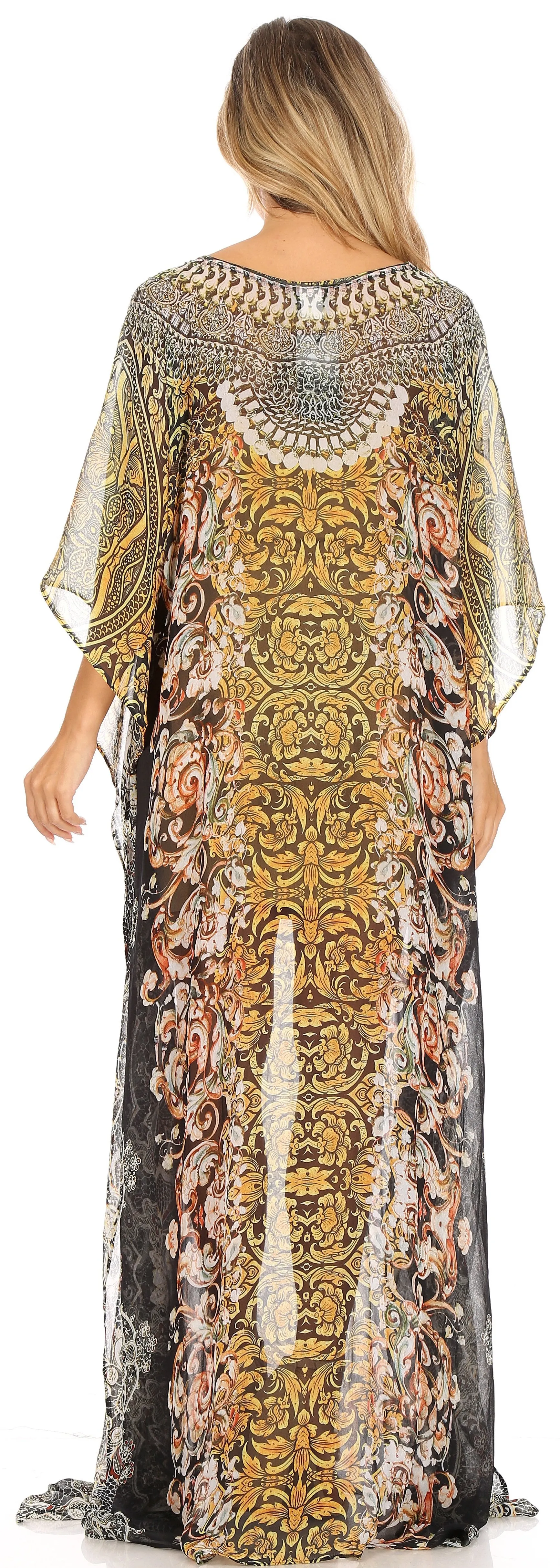 Sakkas Wilder Printed Design Long Sheer Rhinestone Caftan Dress / Cover Up