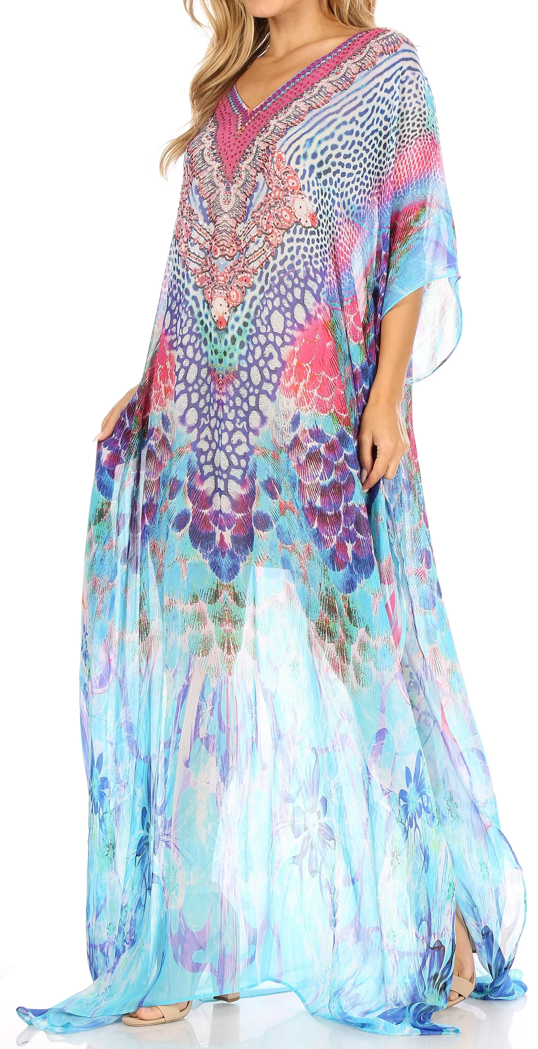 Sakkas Wilder Printed Design Long Sheer Rhinestone Caftan Dress / Cover Up