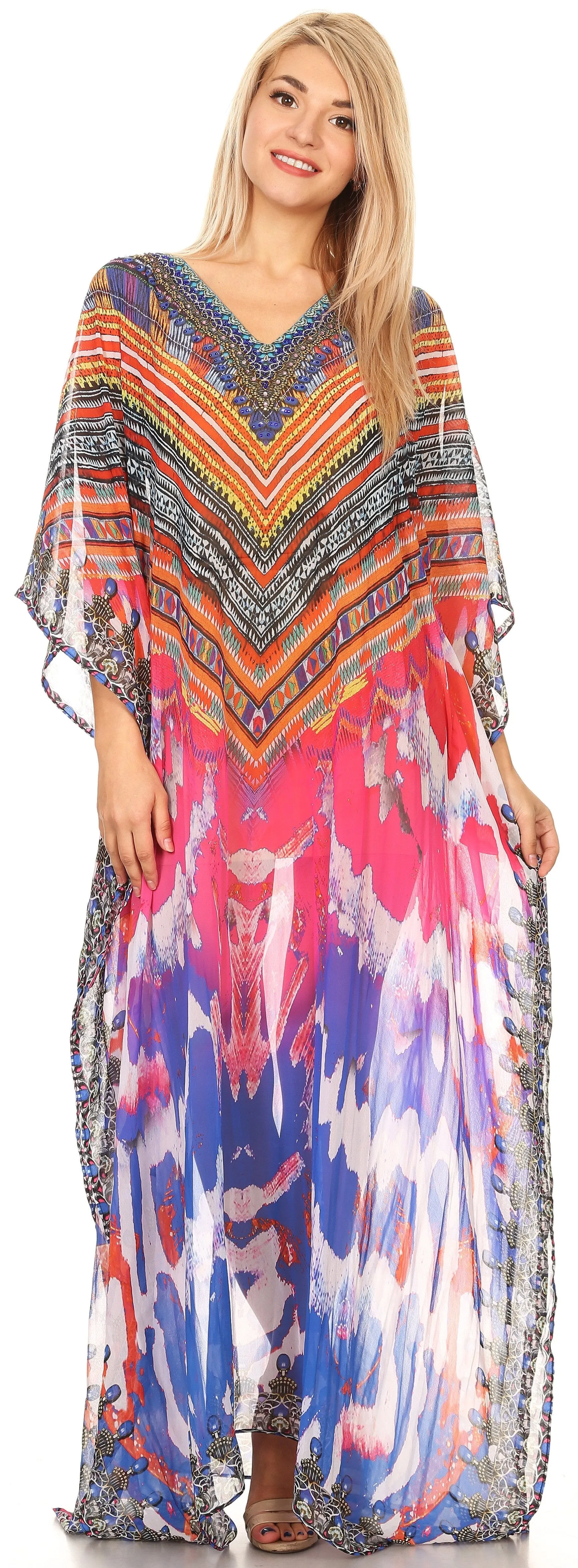 Sakkas Wilder Printed Design Long Sheer Rhinestone Caftan Dress / Cover Up