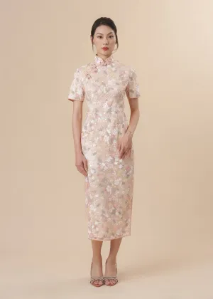 Short Sleeves Lace Qipao (Beige Pink)